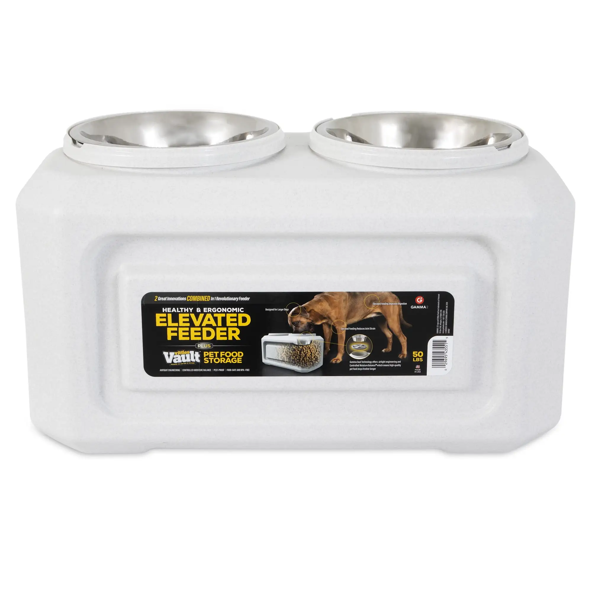 Gamma2 Vittles Vault 2-in-1 Elevated Stainless Steel Bowls Dog Feeder with 50 lb Dry Food Storage. White