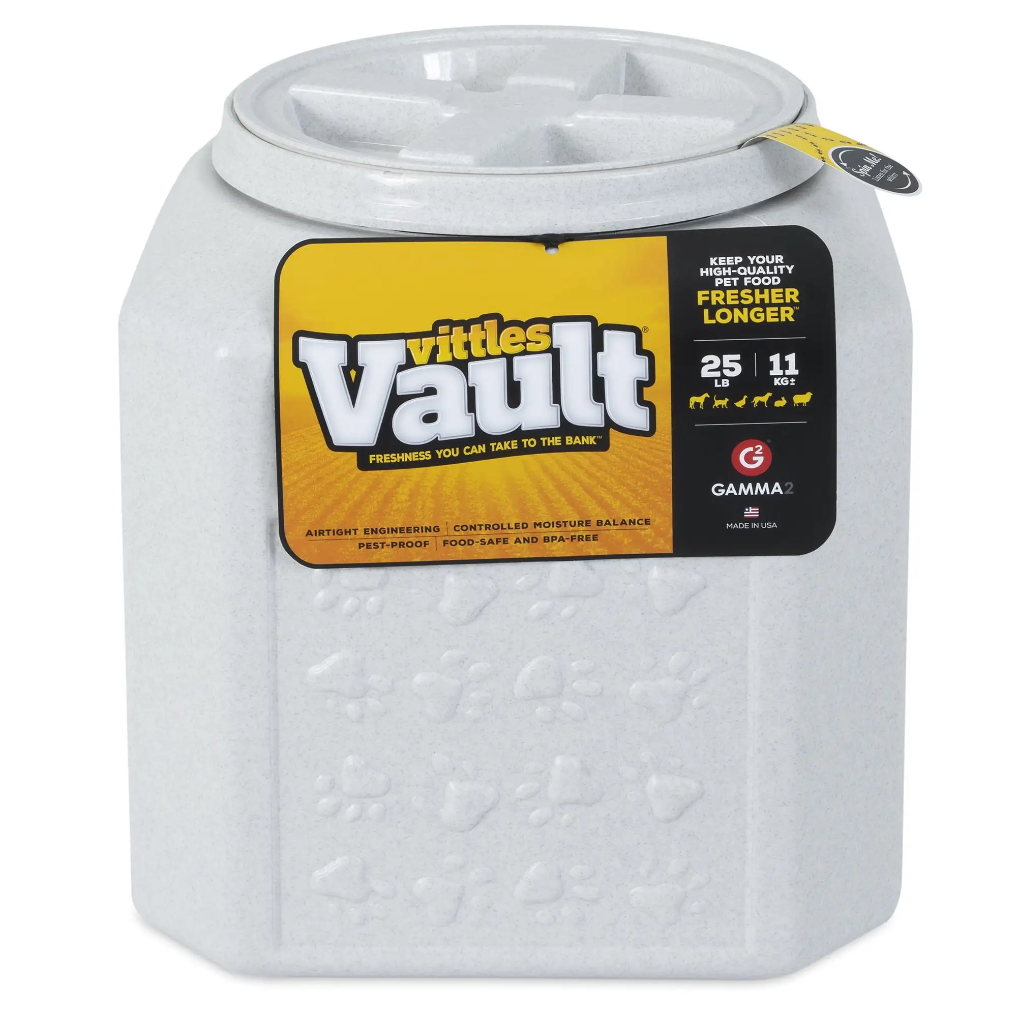 Gamma2 Vittles Vault Outback Pawprint Plastic Pet Food Storage Container. Grey. 25 Pound Capacity