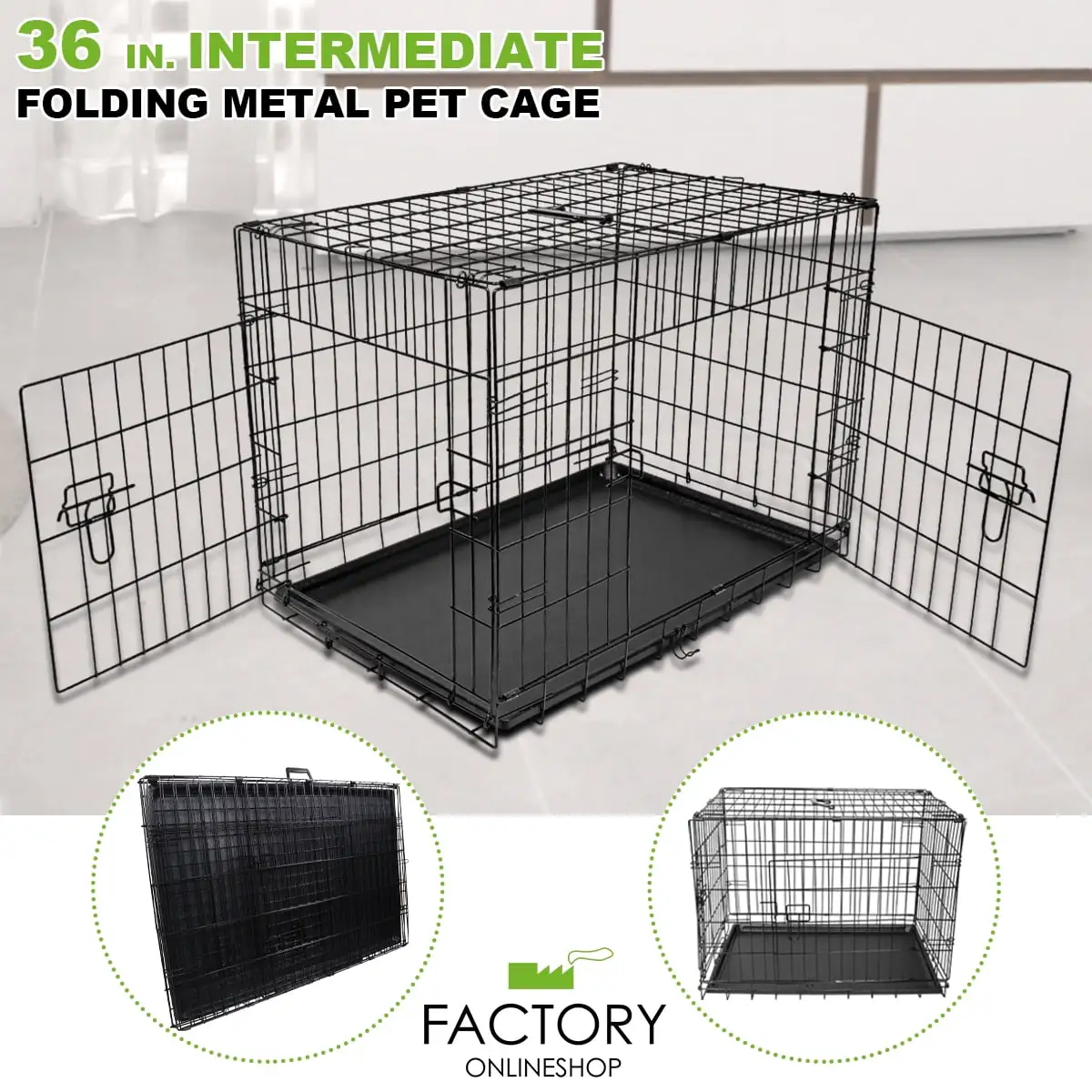 Geniqua Intermediate Black 36 2-Dr Folding Pet Crate Cage Dog Cat Kennel Pen + ABS Tray