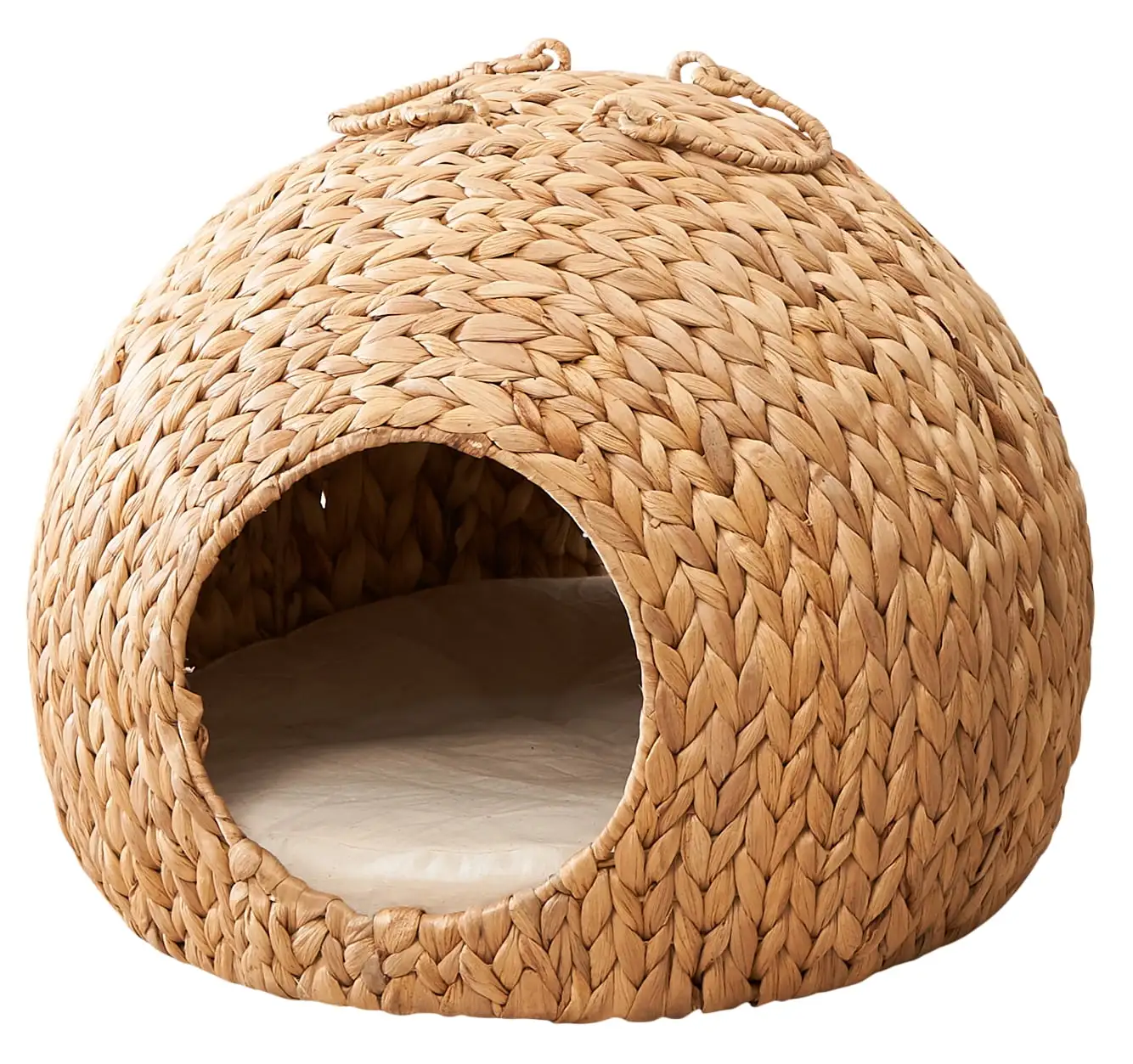 Gertrude Water Hyacinth Woven Wicker Round Cat Bed Cave with Handles - 18 x 18 x 18 - For Any Size Cat Breeds. Chihuahua and Use with Cat Tower