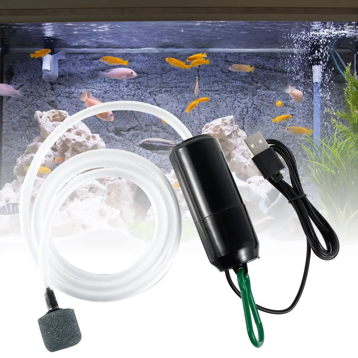 Ghopy USB Powered Oxygen Pump 5V 1W Portable Mini Aquarium Fish Tank Air Pump Oxygen Bubbler with Air Stone Mute Energy Saving Supplies Accessories for Fish Tank Aquarium