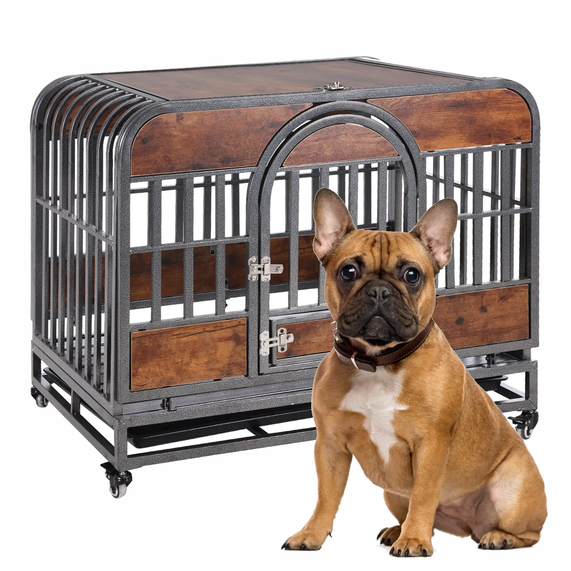 Glavbiku 37in Heavy Duty Dog Crate Furniture.Wood Pet Kennels with Removable Trays and Wheels.Brown