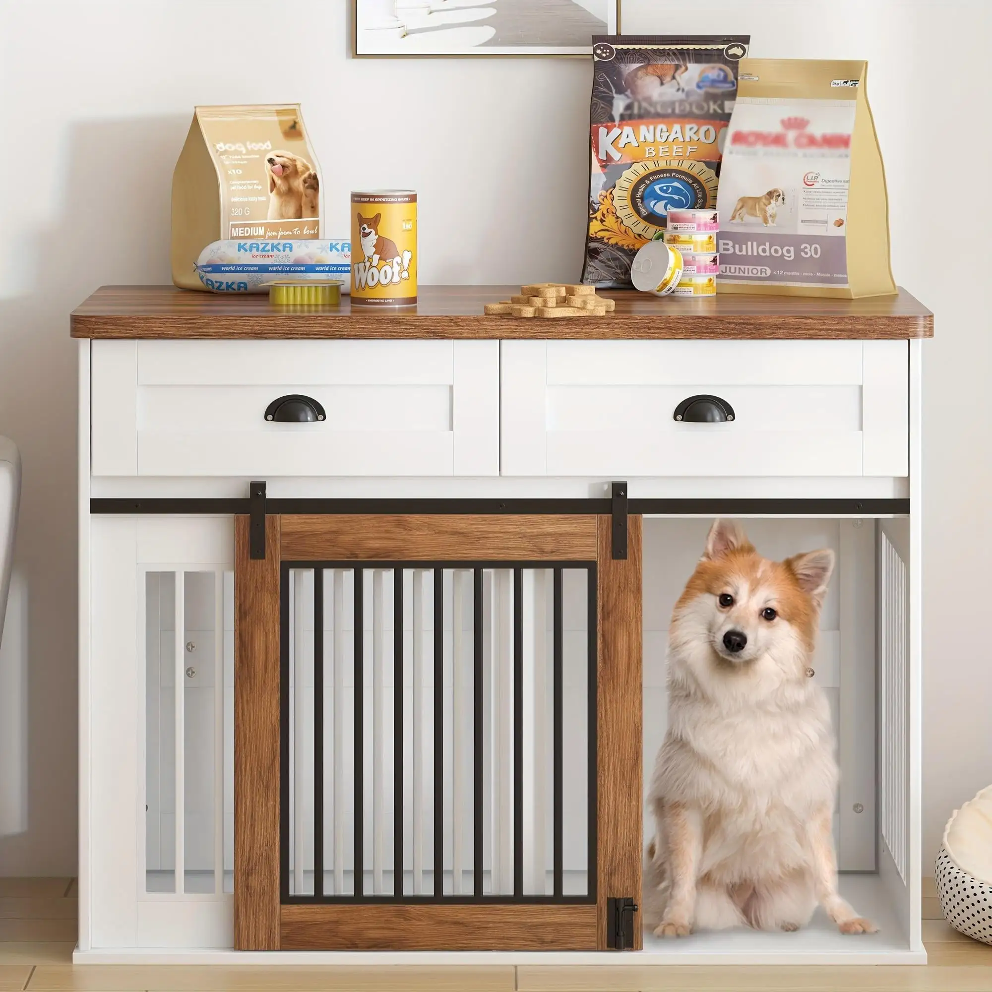 Glavbiku Heavy Duty Furniture Style 2 Drawer Dog Cage Wooden Dog Kennel with Sliding Barn Door.White