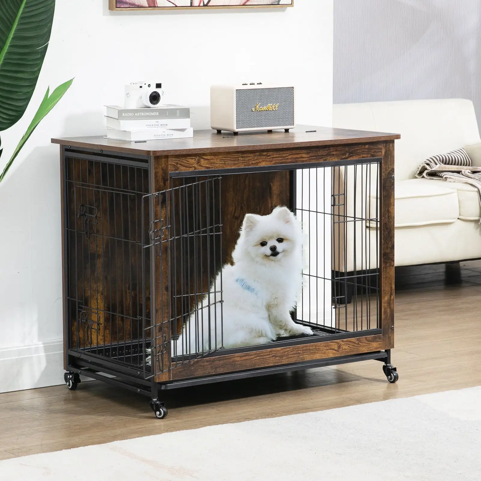 Glavbiku Wood Dog Crate Furniture.2 Door Dog Kennel with Tray for Small Dog.Brown.26 H