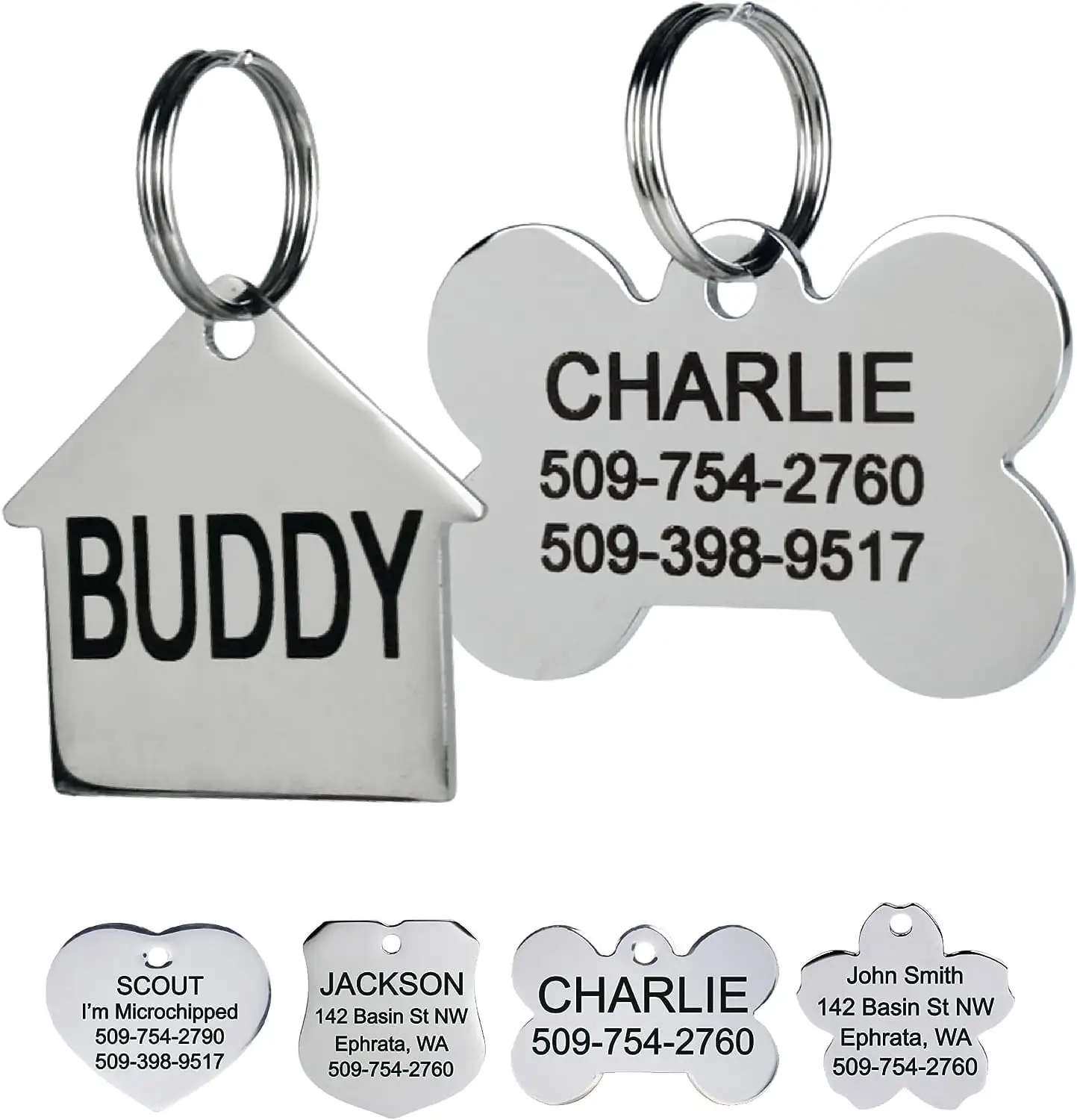 GoTags Stainless Steel Pet ID Tags. Personalized Dog Tags and Cat Tags. up to 8 Lines of Custom Text. Engraved on Both Sides. in Bone. Round. Heart. Bow Tie and More