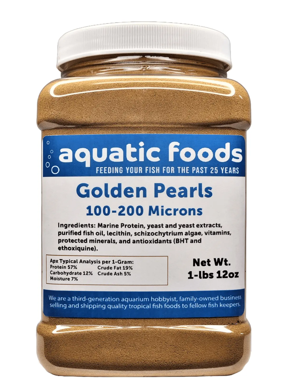 Golden Pearls 100-200 Micron Powder For Newly Hatched Fry and Babies of Shrimp. Axolotls. Discus. Cichlids. Catfish. Tetras. Angel Fish. Guppies. Bettas. Goldfish. Corals. Reefs..1-lb 12oz Med Jar