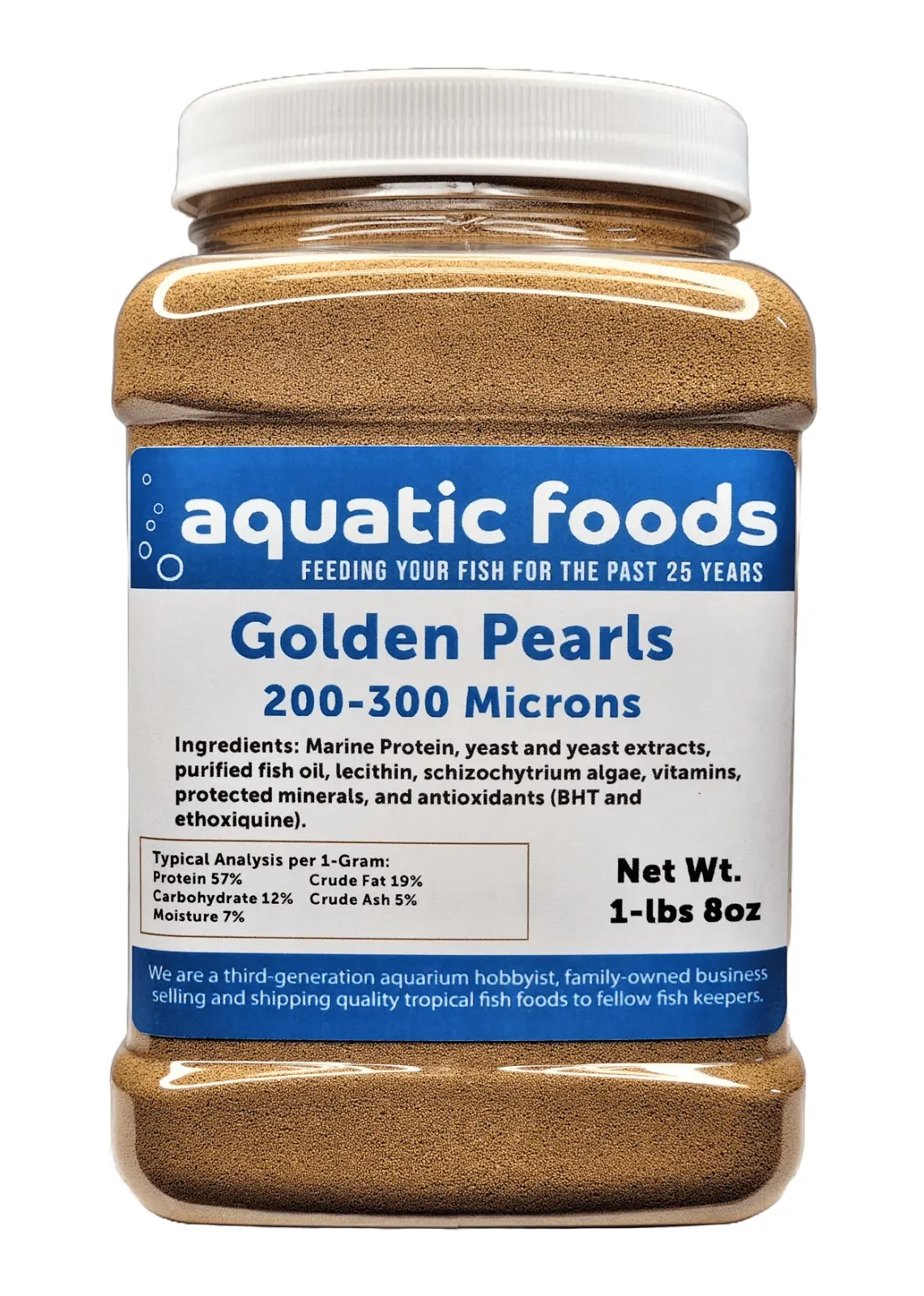 Golden Pearls 200-300 Micron Size For Newly Hatched Fry and Babies of Shrimp. Axolotls. Discus. Cichlids. Catfish. Tetras. Angel Fish. Guppies. Bettas. Goldfish. Corals. Reefs??-lb 8oz Med Jar