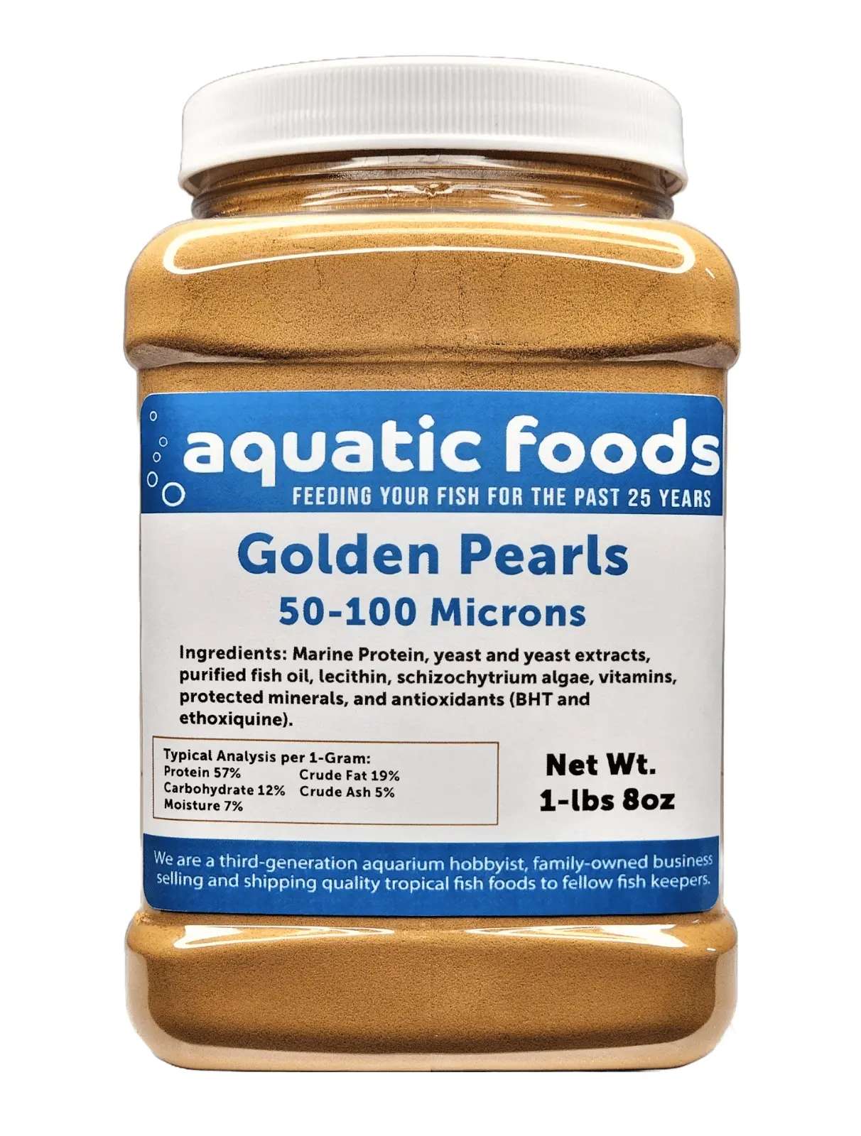 Golden Pearls 50-100 Micron Powder For Newly Hatched Fry and Babies of Shrimp. Axolotls. Discus. Cichlids. Catfish. Tetras. Angel Fish. Guppies. Bettas. Goldfish. Corals. Reefs??-lb 8oz Med Jar