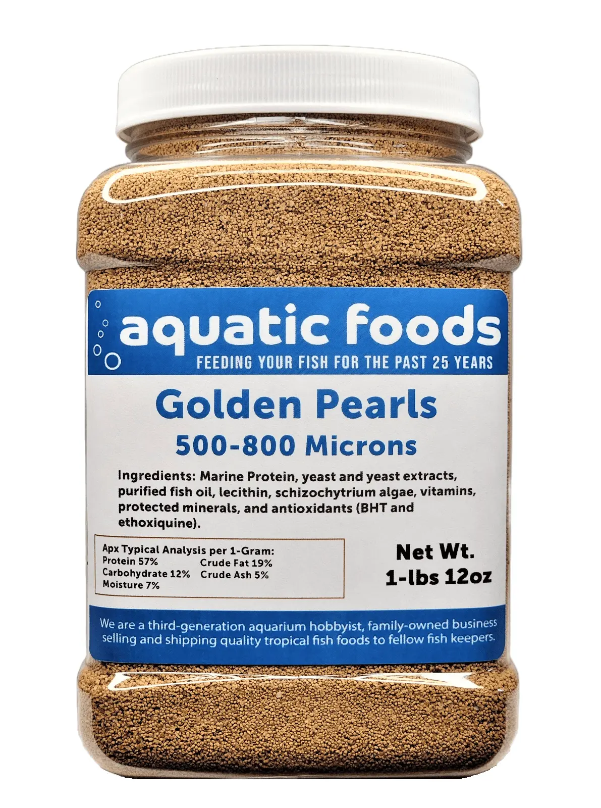 Golden Pearls 500-800 Micron Size For New Fry and Juveniles of Shrimp. Axolotls. Discus. Cichlids. Catfish. Tetras. Angel Fish. Guppies. Bettas. Goldfish. Corals. Reefs??-lb 12oz Med Jar