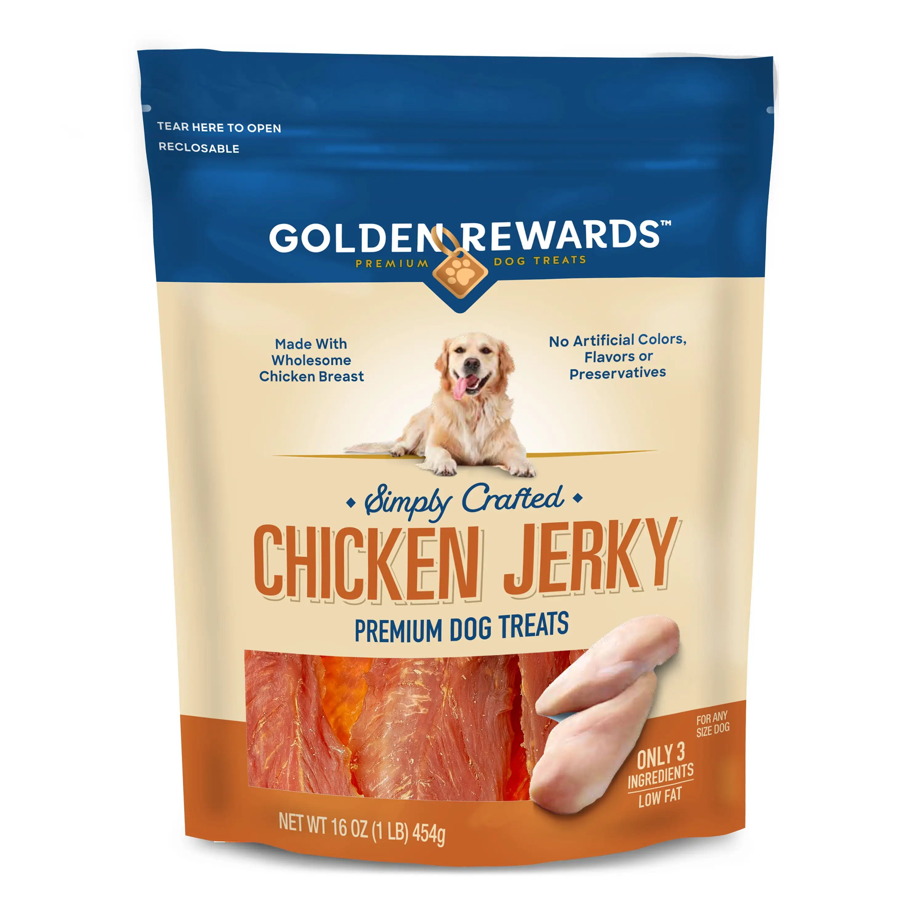 Golden Rewards Chicken Flavor Premium Dry Jerky Treats for All Dogs. 16 oz