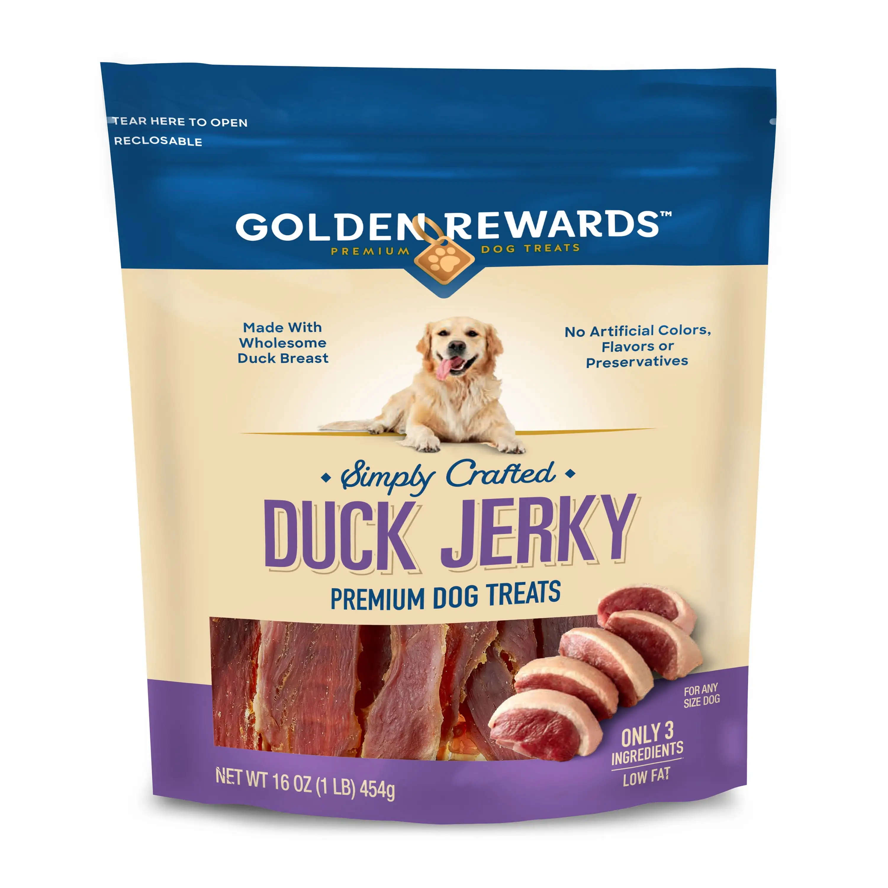 Golden Rewards Duck Flavor Premium Jerky Dry Training Treats for All Dogs. 16 oz.