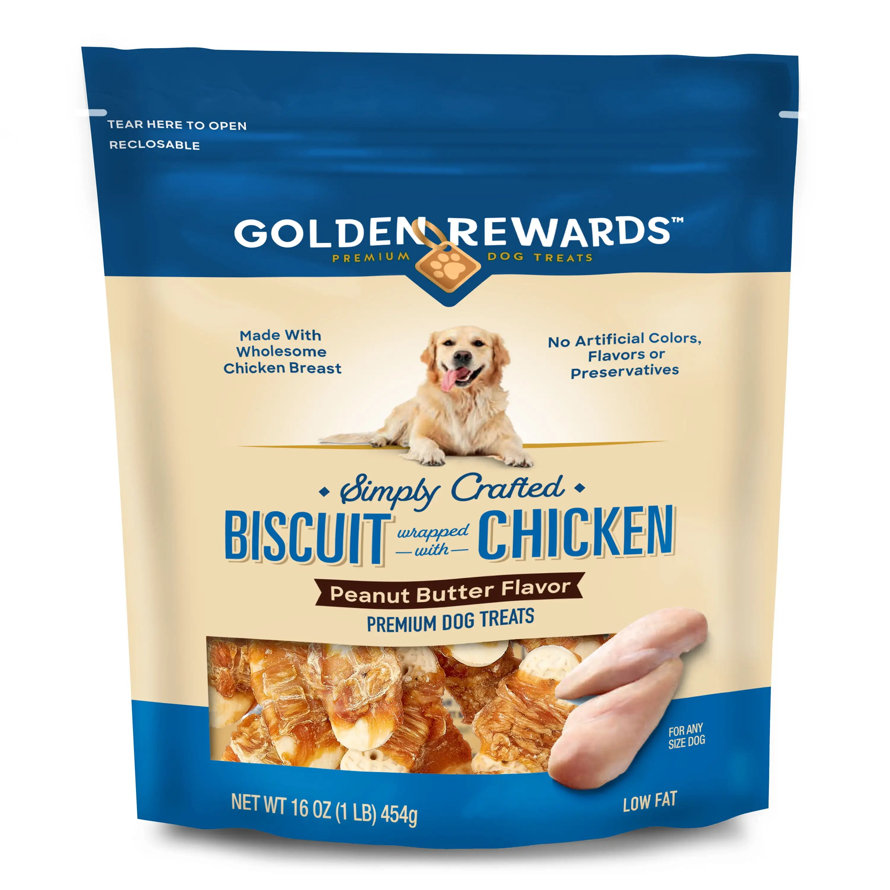 Golden Rewards Peanut Butter Flavor Biscuit Wrapped with Chicken Dry Training Treats for Dogs. 16 oz