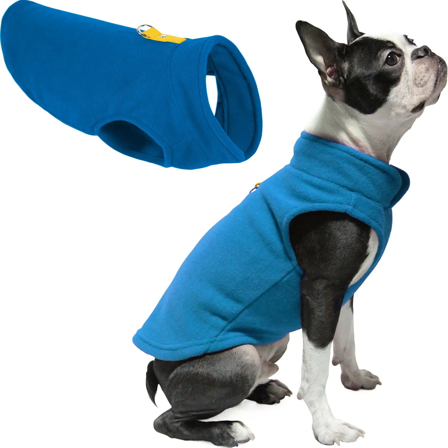 Gooby Fleece Vest - Deep Blue. Medium - Warm Pullover Fleece Dog Jacket with O-Ring Leash for Small Dogs