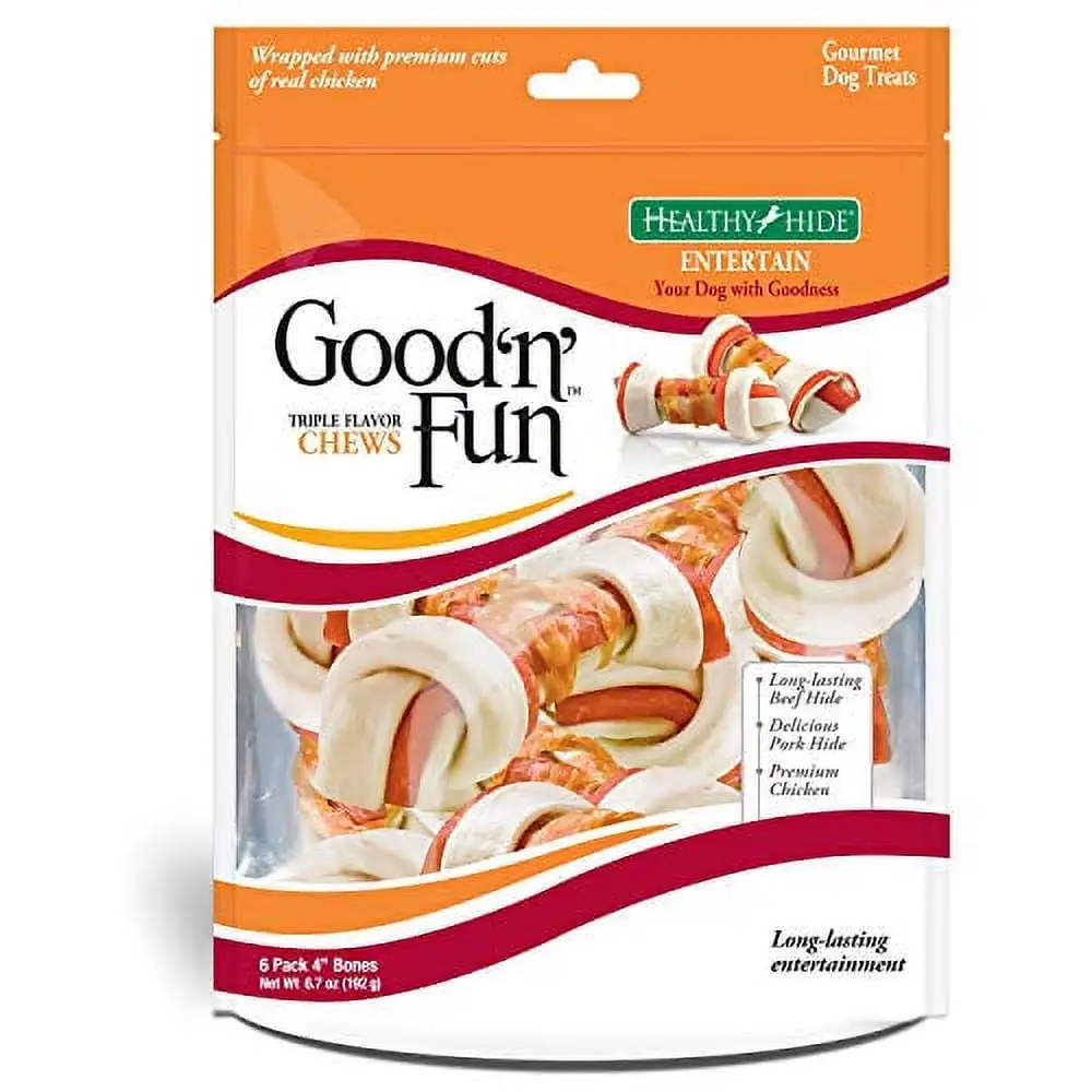 Good 'N' Fun Rawhide Bones. Triple Flavor Chews. 6-Count