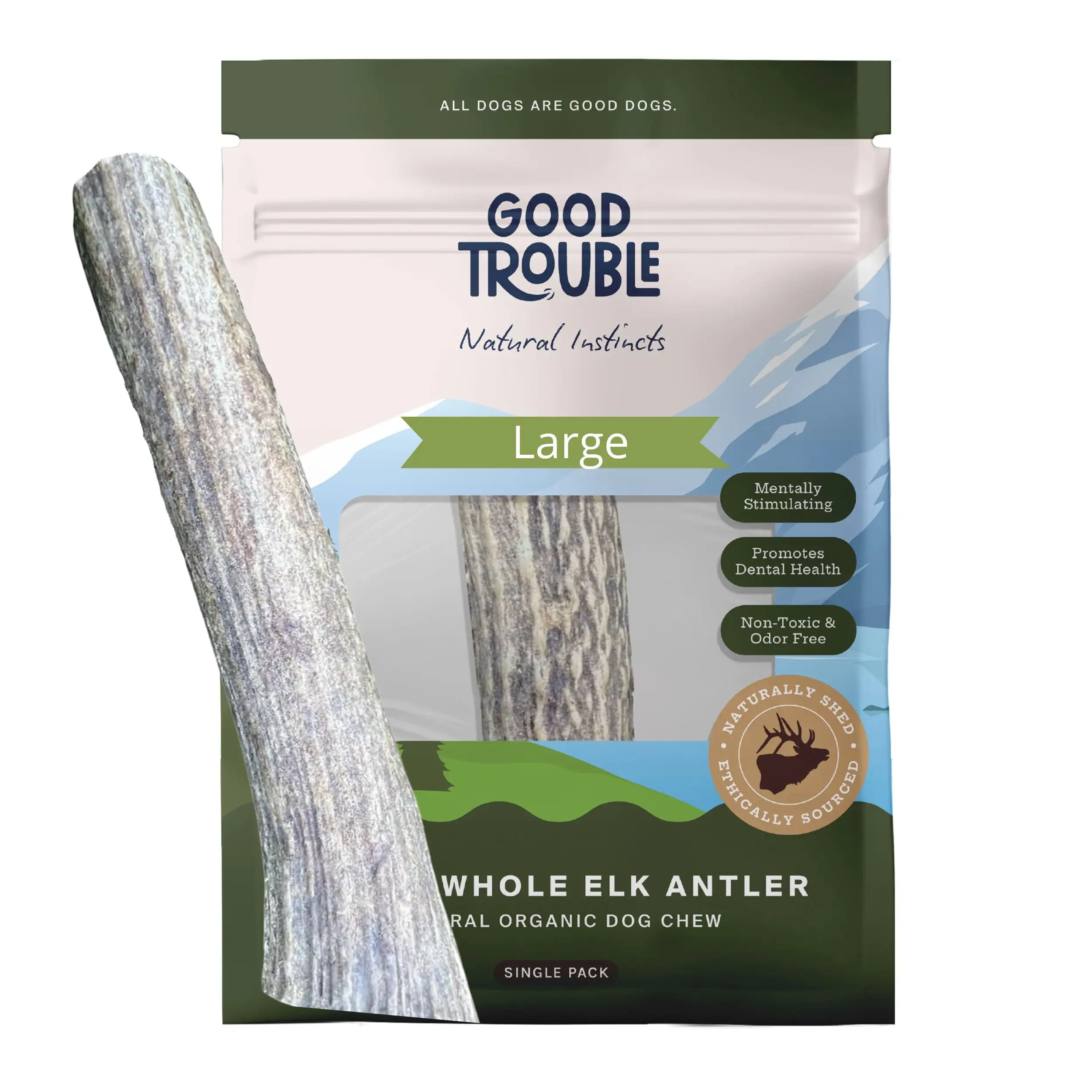 Good Trouble Pets Premium Wild Elk Antlers for Dogs. Whole 1-Pack. Large