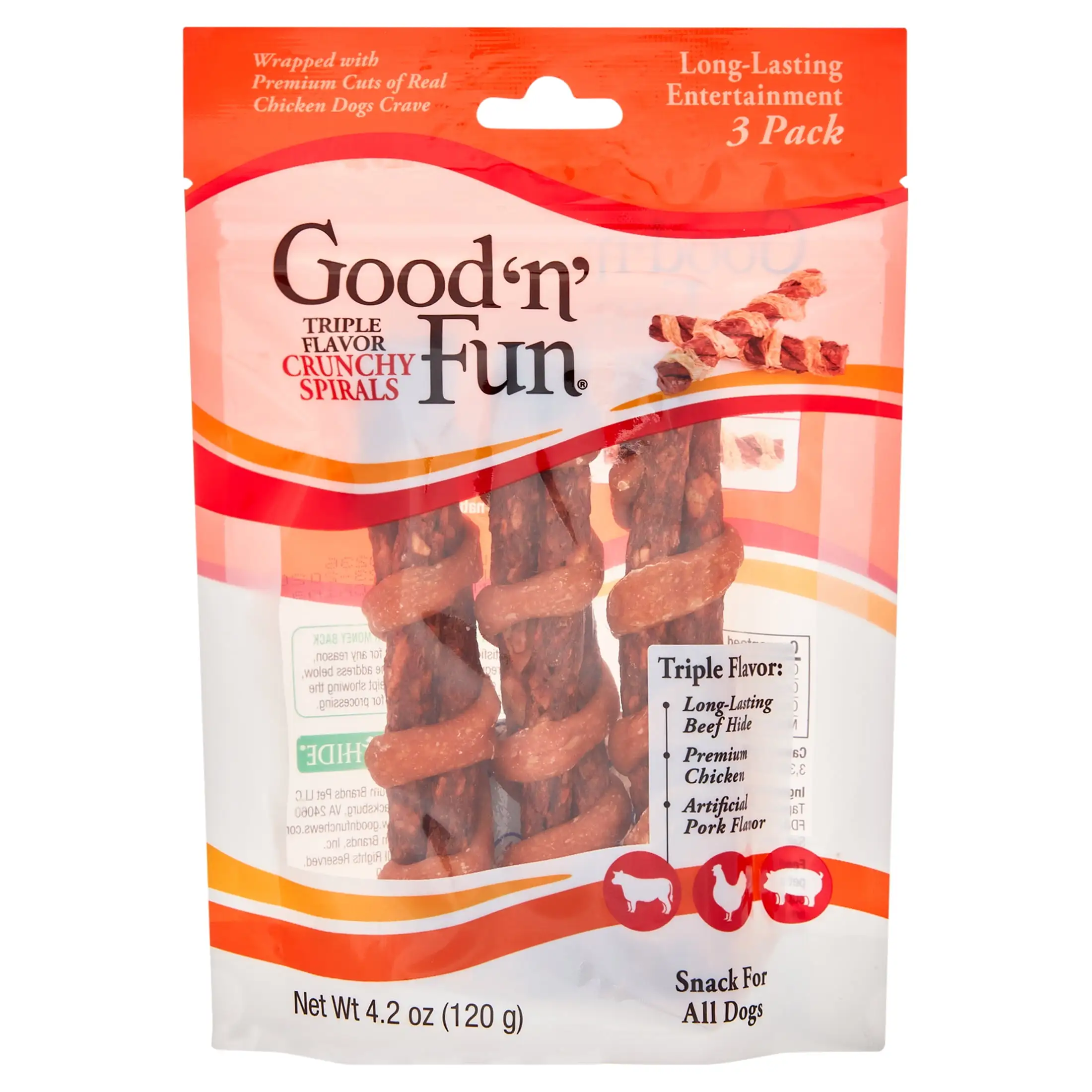 Good 'n' Fun Triple Flavor Crunchy Spirals. Long-Lasting Dog Chews. 3 Count