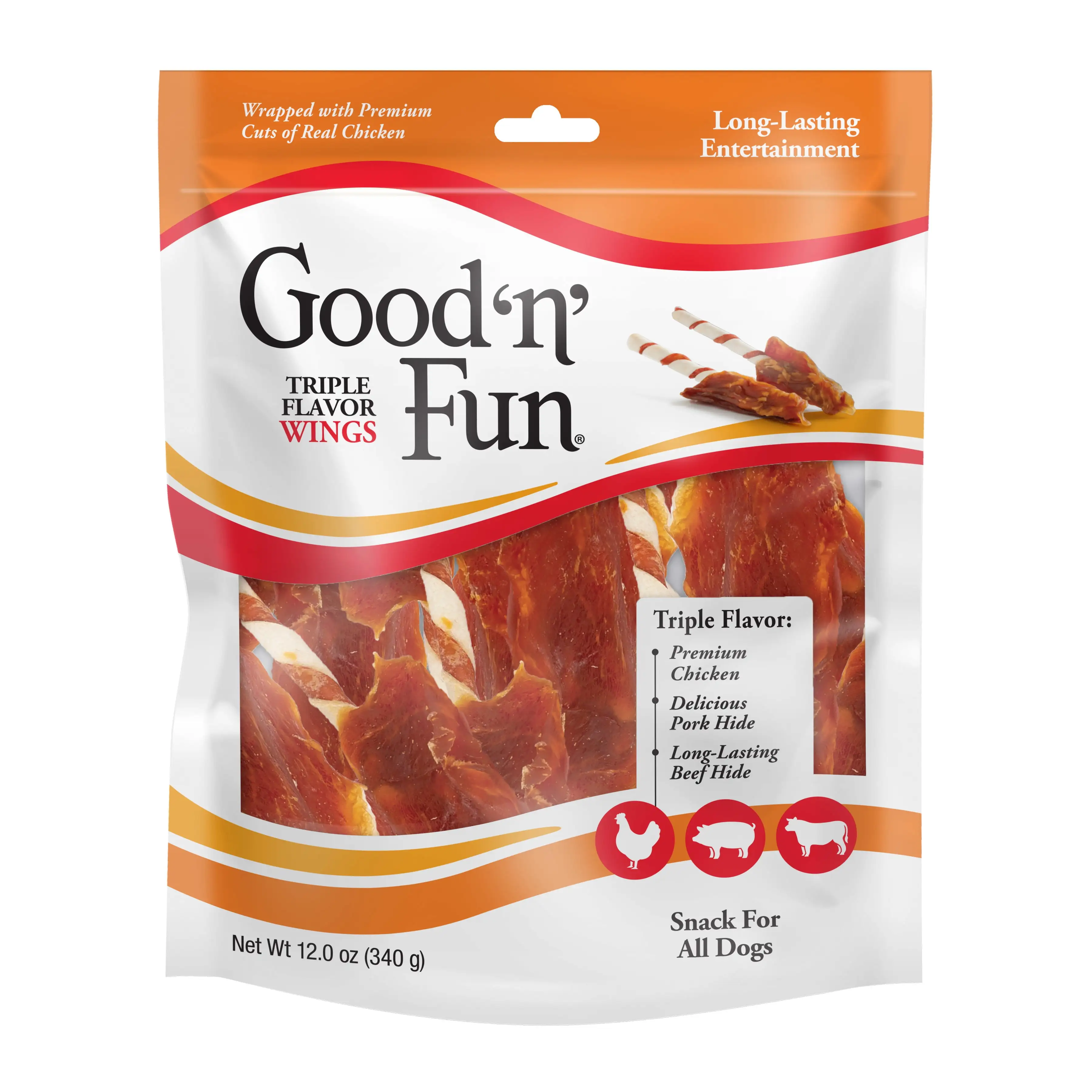 Good 'n' Fun Triple Flavor Wings. Rawhide Chew for All Dogs. 12 oz.