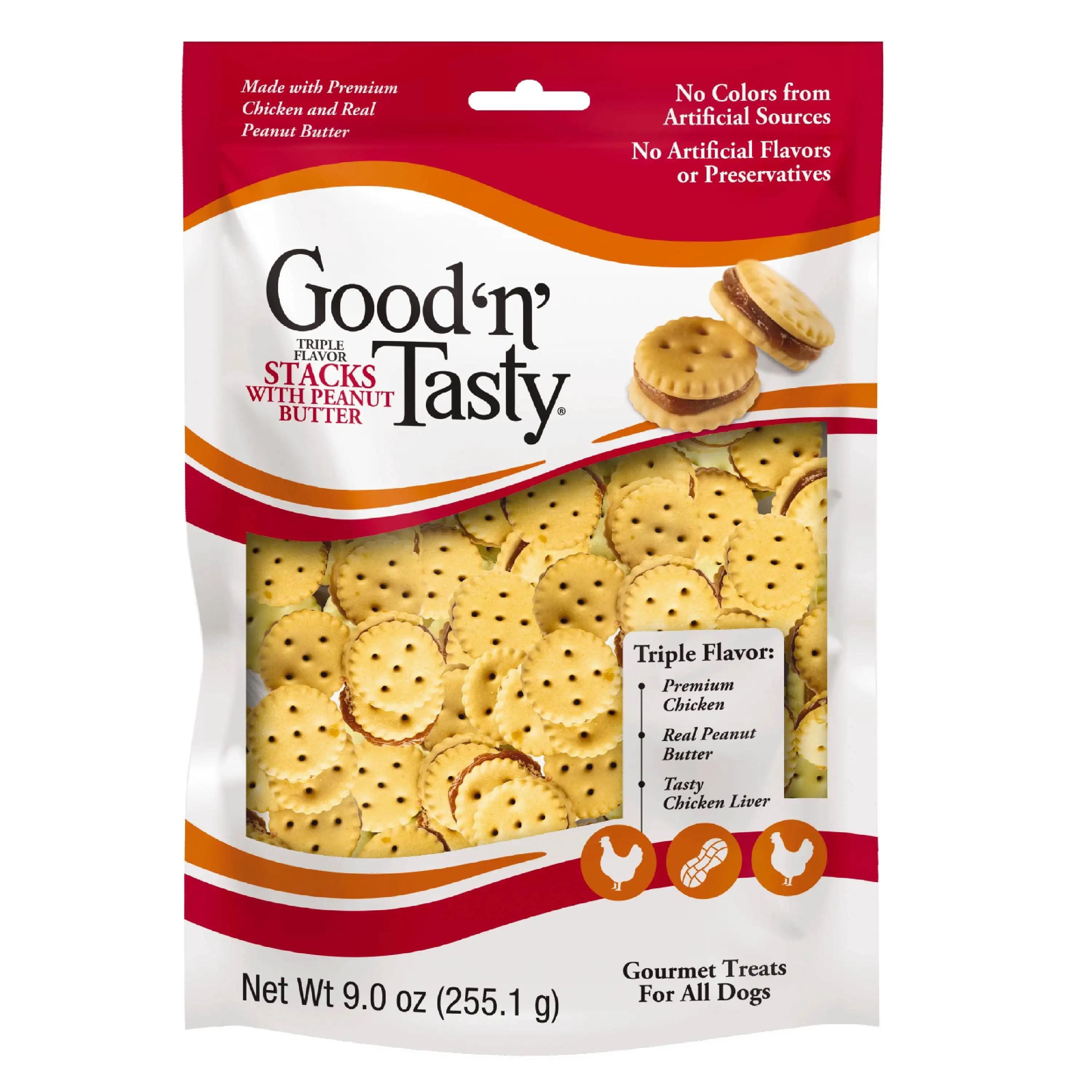 Good 'n' Tasty Triple Flavor Stacks. Treats for All Dogs with Chicken and Peanut Butter. 9 oz