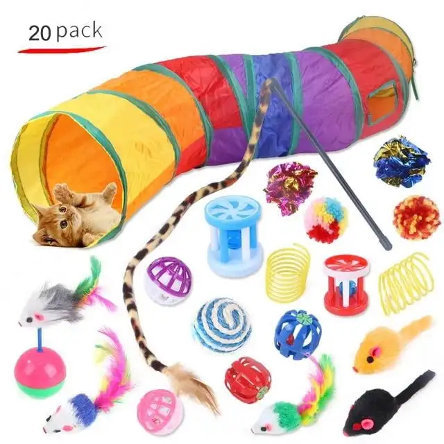 Goodwill 20 Pcs Cat Toys Kitten Toys Set. Collapsible Cat Tunnels for Indoor Cats. Interactive Cat Feather Toy. Fluffy Mouse Crinkle Balls Toys for Cat Puppy Kitty Kitten