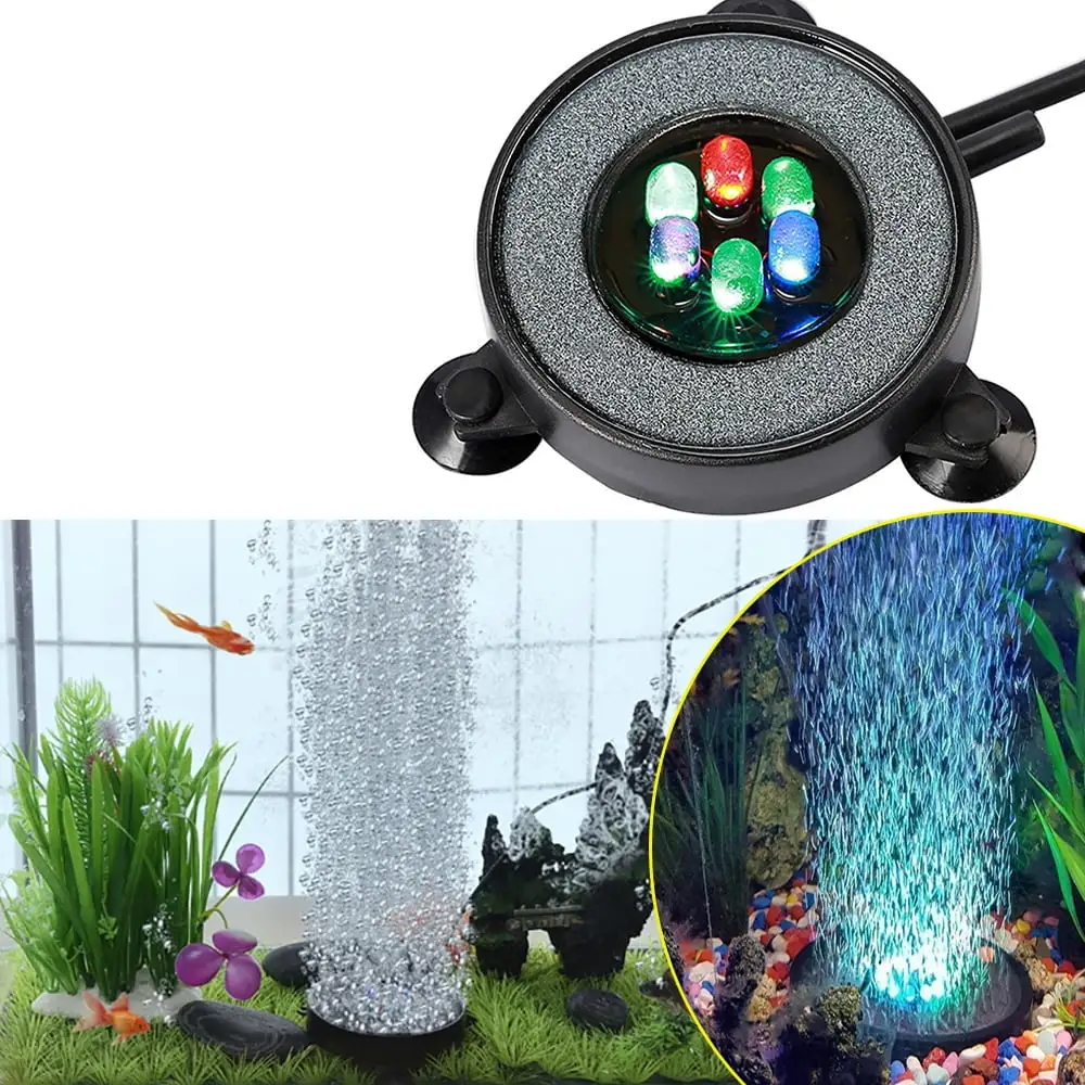 Gostoto RGB 5050SMD LED Aquarium Light Air Stone Disk Round Fish Tank Bubbler with Auto Color Changing LED Light