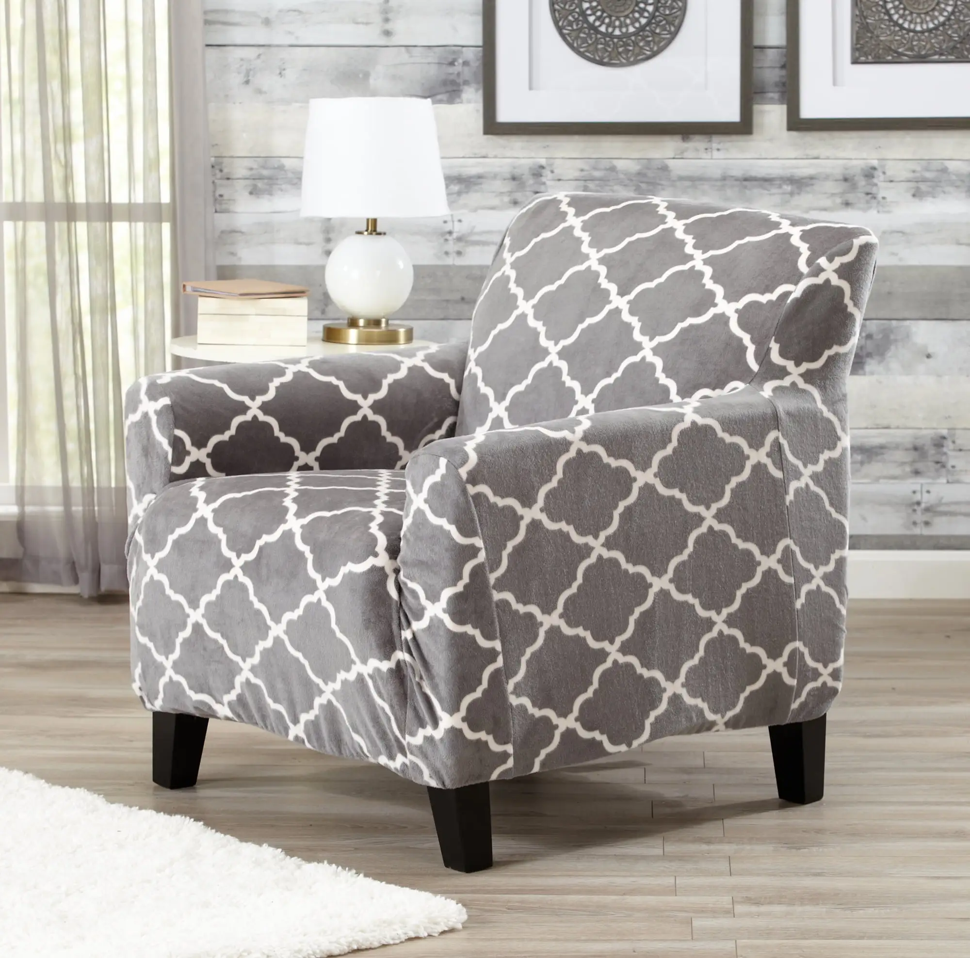 Great Bay Home 1-Piece Velvet Plush Printed Armchair Stretch Slipcover. Grey