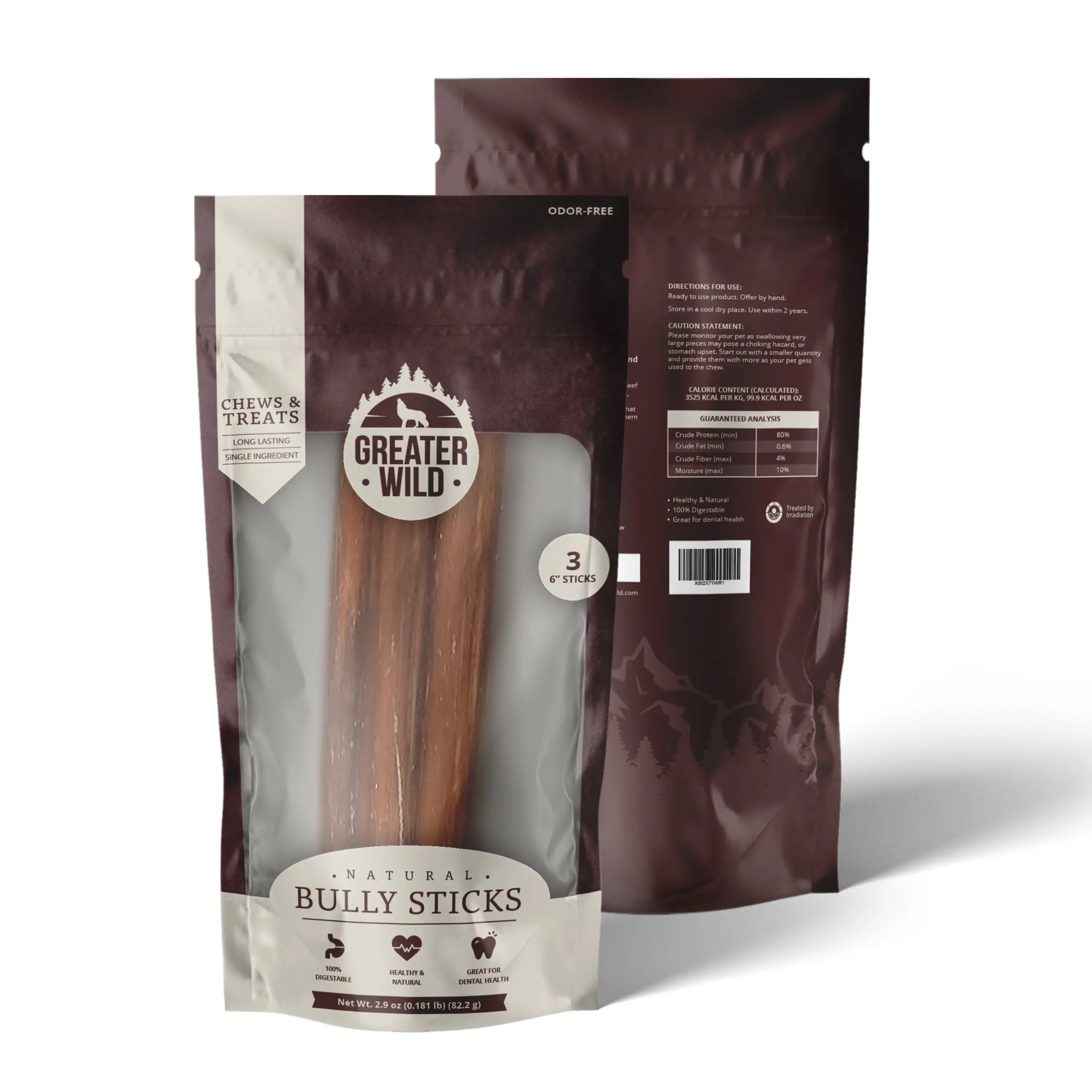 Greater Wild 6 Bully Sticks. All Natural Ingredient Chews & Treats for Dogs - 3 Sticks