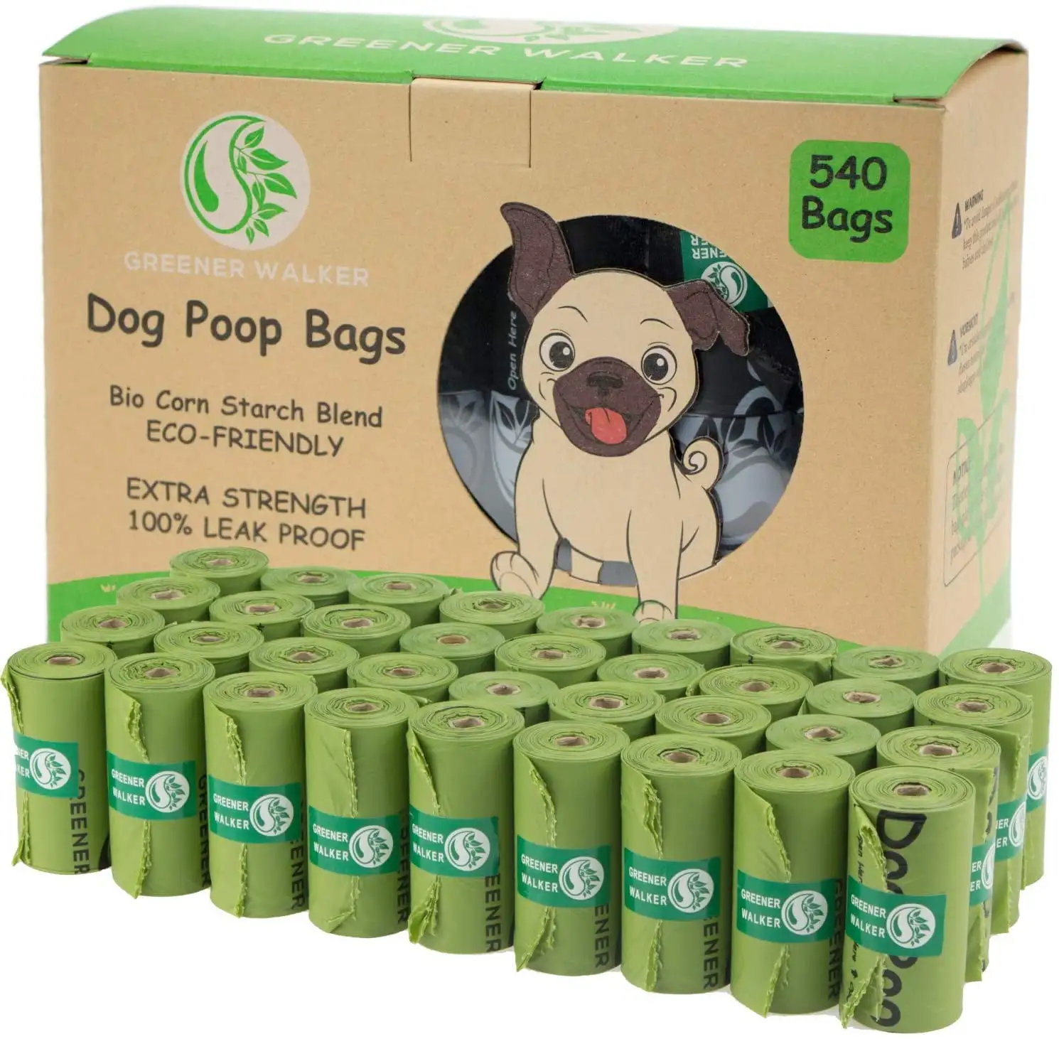 Greener Walker 540 Dog Poop Bags on 36 Refill Rolls. 100% Leak Proof Biodegradable Pet Waste Bags (Green)