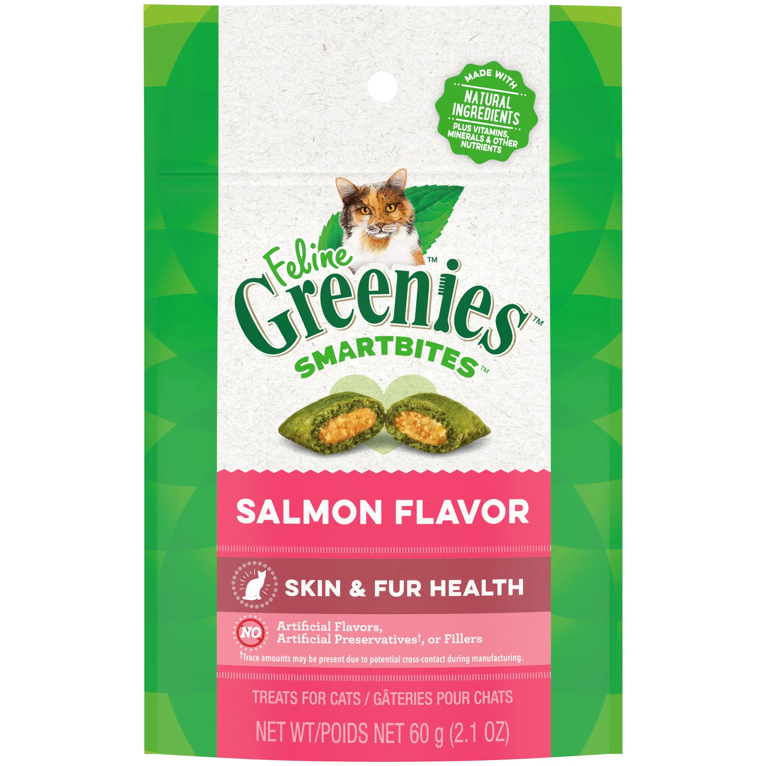 Greenies Feline Smartbites Healthy Skin & Fur Salmon Flavor Cat Treat 2.1 Oz