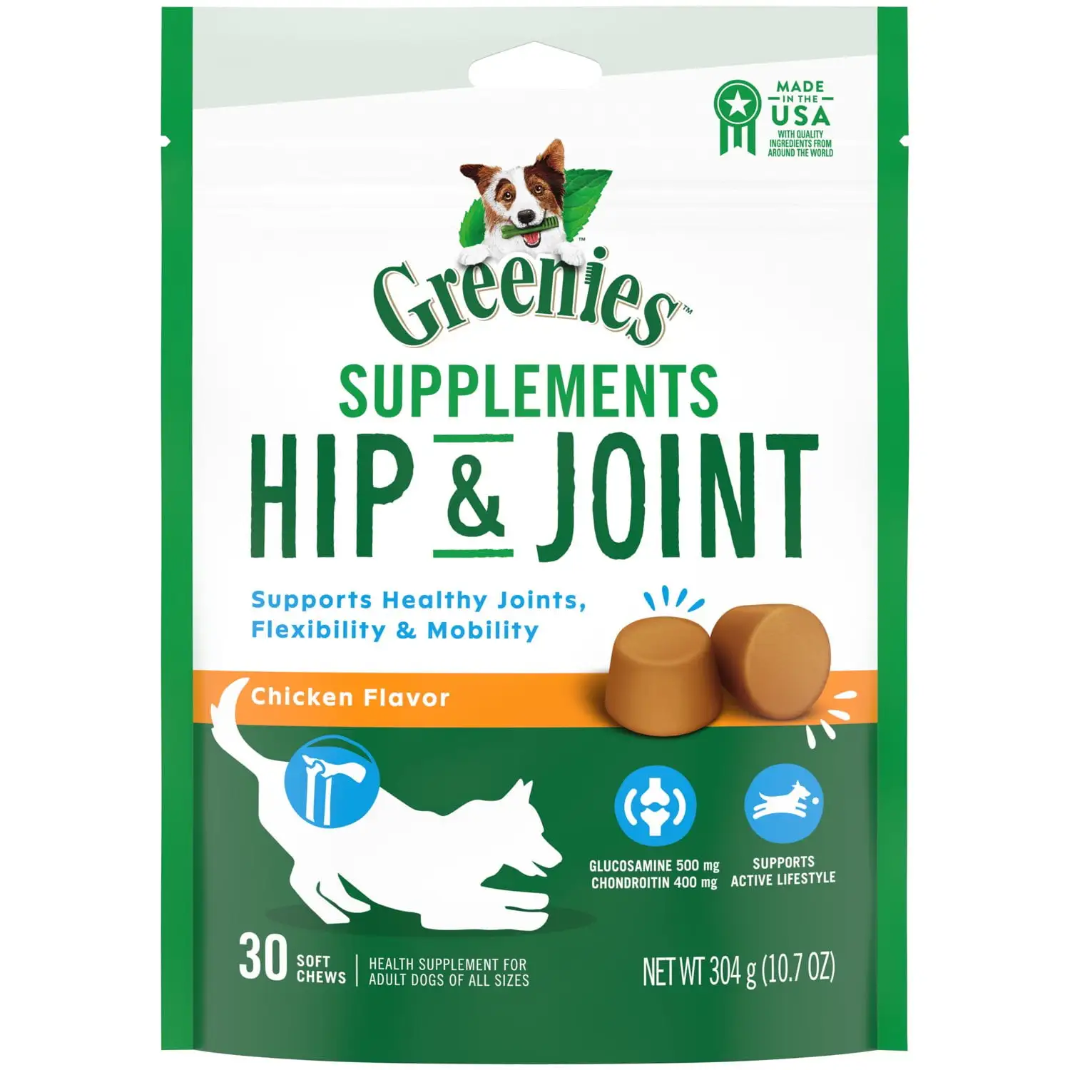 Greenies Hip and Joint Supplement Soft Chews for Dogs. Chicken Flavor. 30 Count Pouch