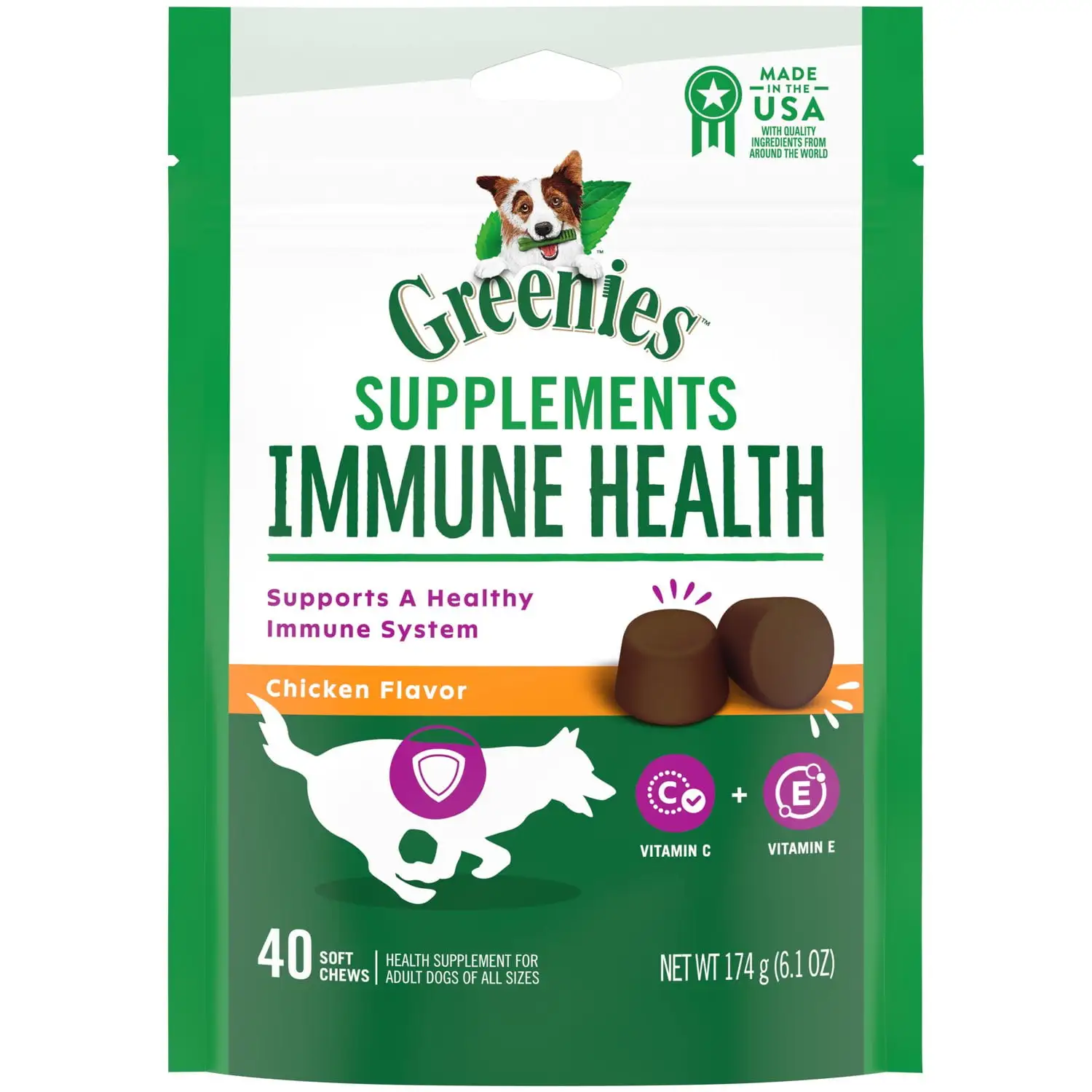 Greenies Immune Health Supplement Soft Chews for Dogs. Chicken Flavor. 40 Count Pouch