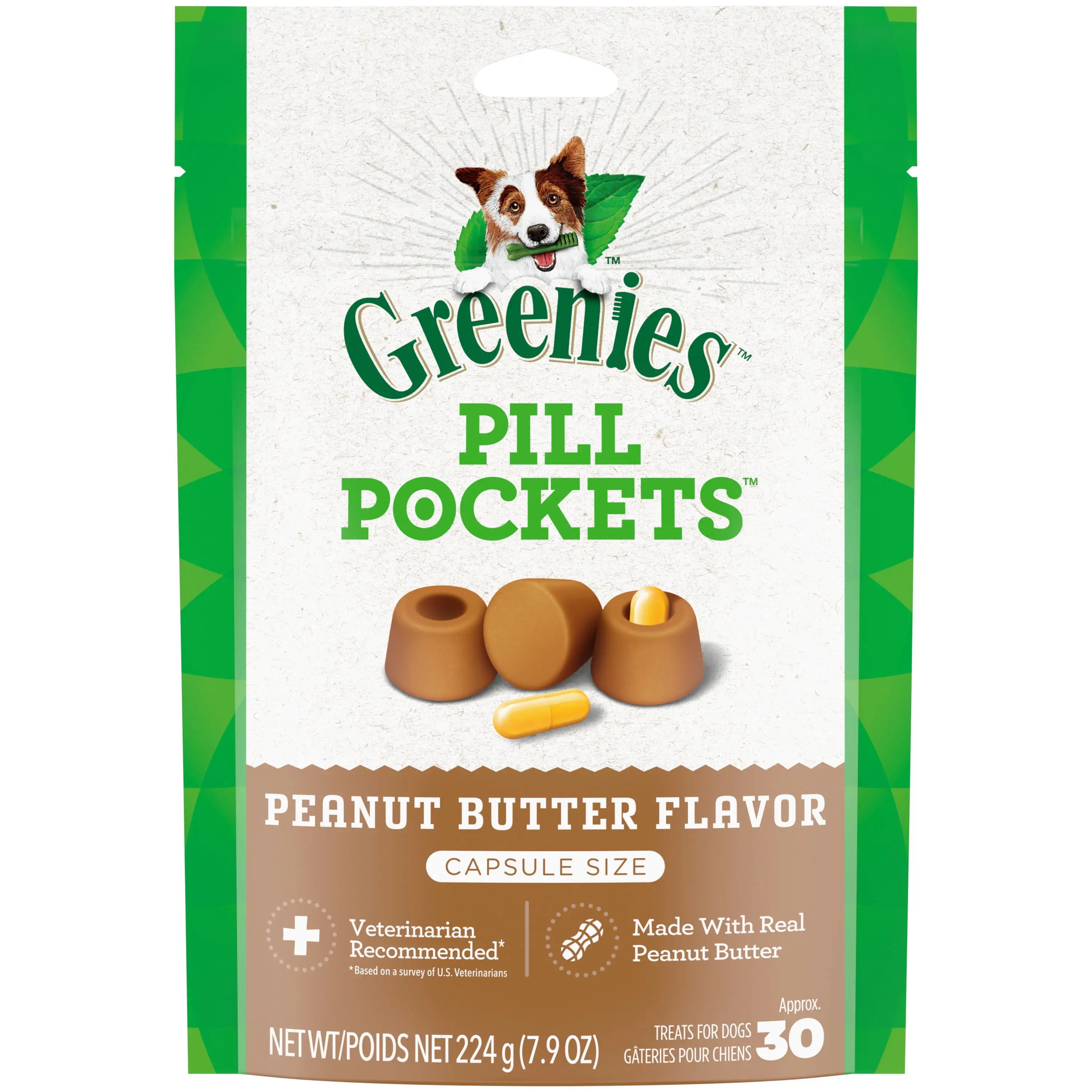 Greenies Pill Pockets Natural Dog Treats with Real Peanut Butter. 7.9 oz (30 Treats). Shelf-Stable