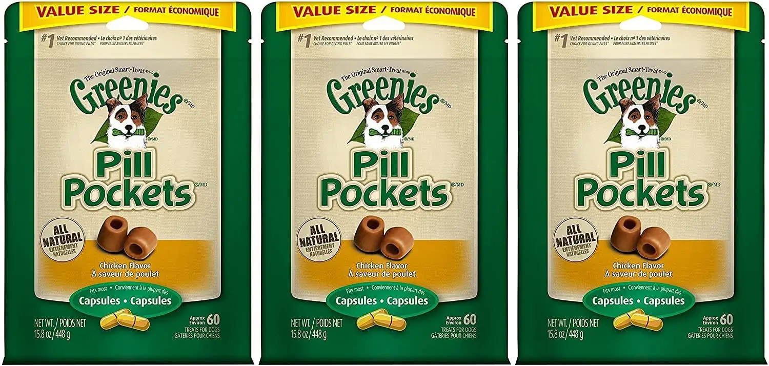 Greenies Pill Pockets Treats for Dogs Capsule Pouch. Chicken Flavor. 15.8-Ounce Per Pack 3 Pack