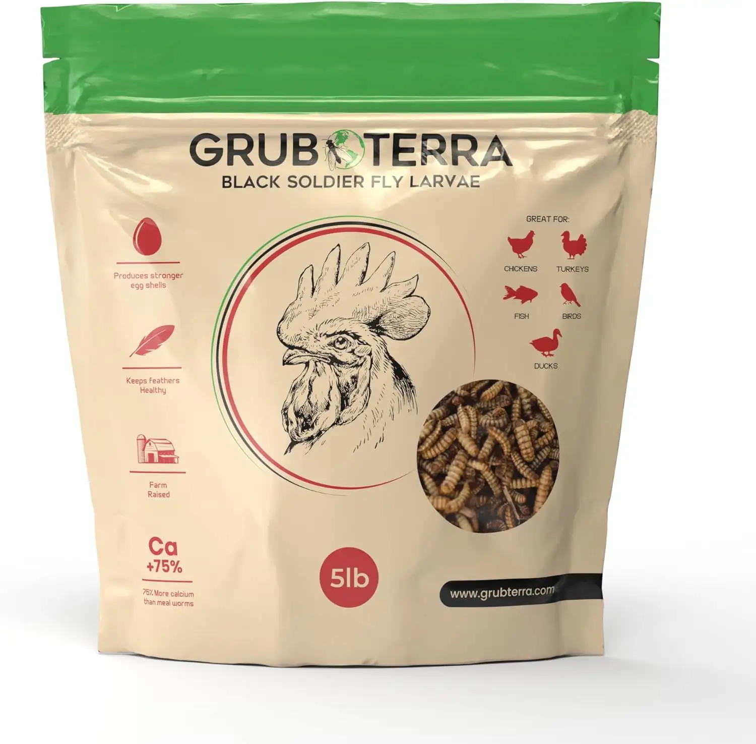 Grub Terra Premium Dried Black Soldier Fly Larvae - High Protein Chicken Feed. Bird Food with 75% High Calcium More Than Mealworms. Vital For Farm Eggs