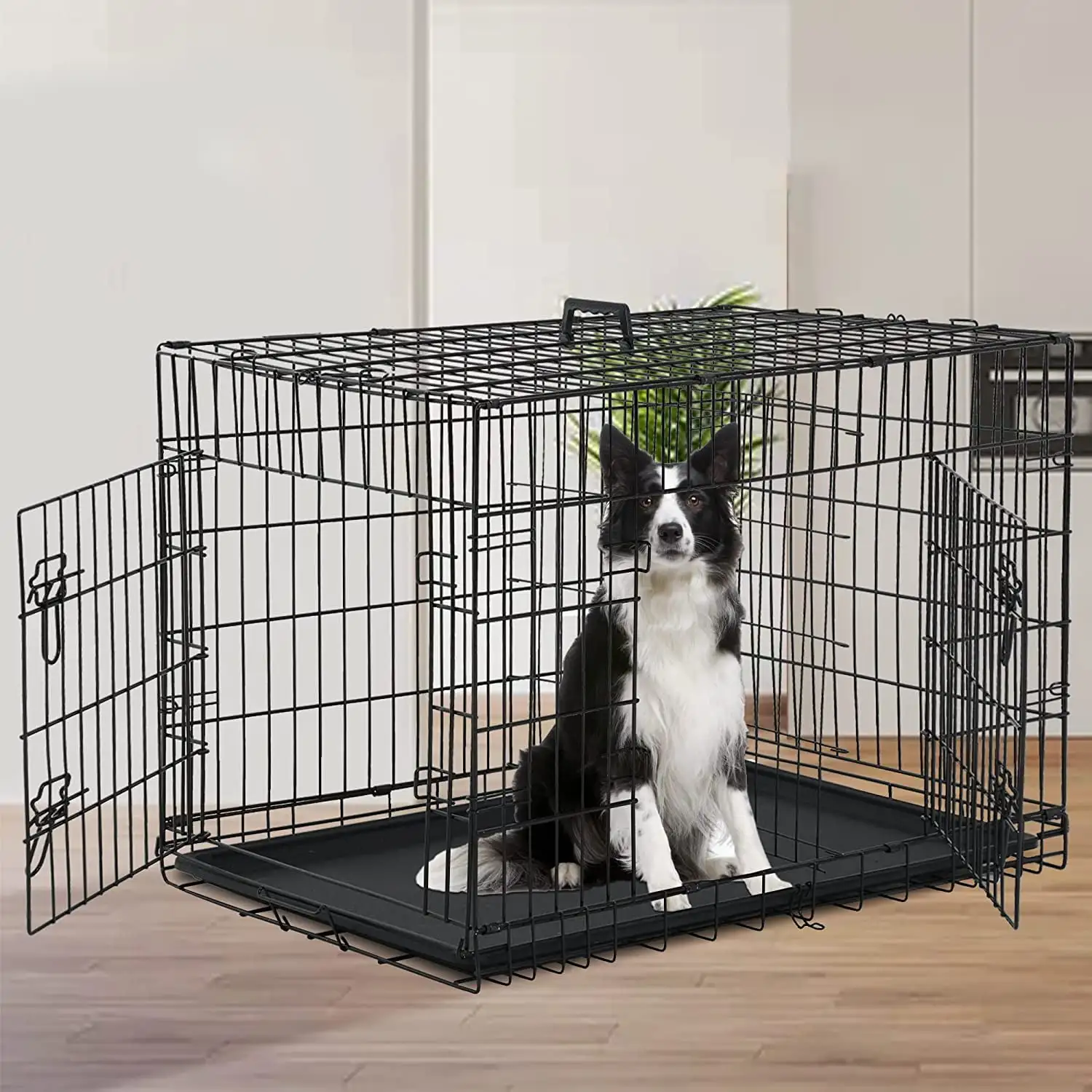 Guagum 48 Inch Dog Crate Dog Cage for Large Dogs Folding Mental Wire Dog Kennel Outdoor and Indoor with Double-Door Divider Panel Removable Tray and Handle