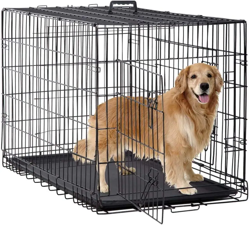 Guagum 48 Inch Dog Crates for Large Dogs Folding Mental Wire Crates Dog Kennels Outdoor and Indoor Pet Dog Cage Crate with Double-Door.Divider Panel. Removable Tray (Black. 48)