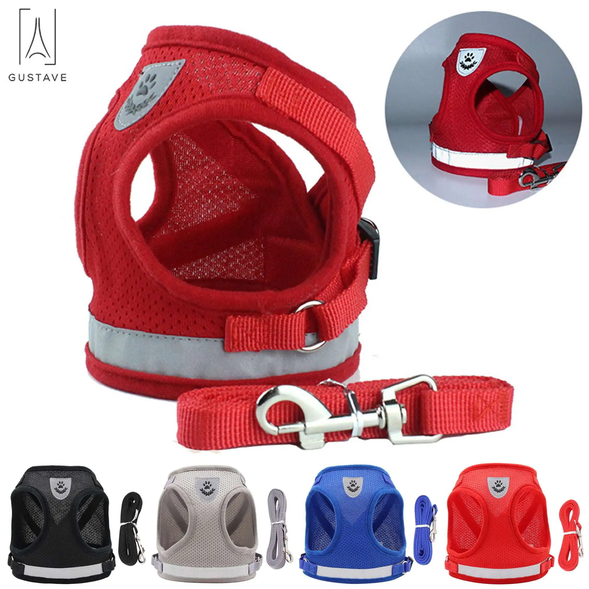 Gustave Dog and Cat Adjustable Reflective Harness Leash Pet Vest with Traction Rope Soft Mesh Corduroy Dog Harnesses Red. XS