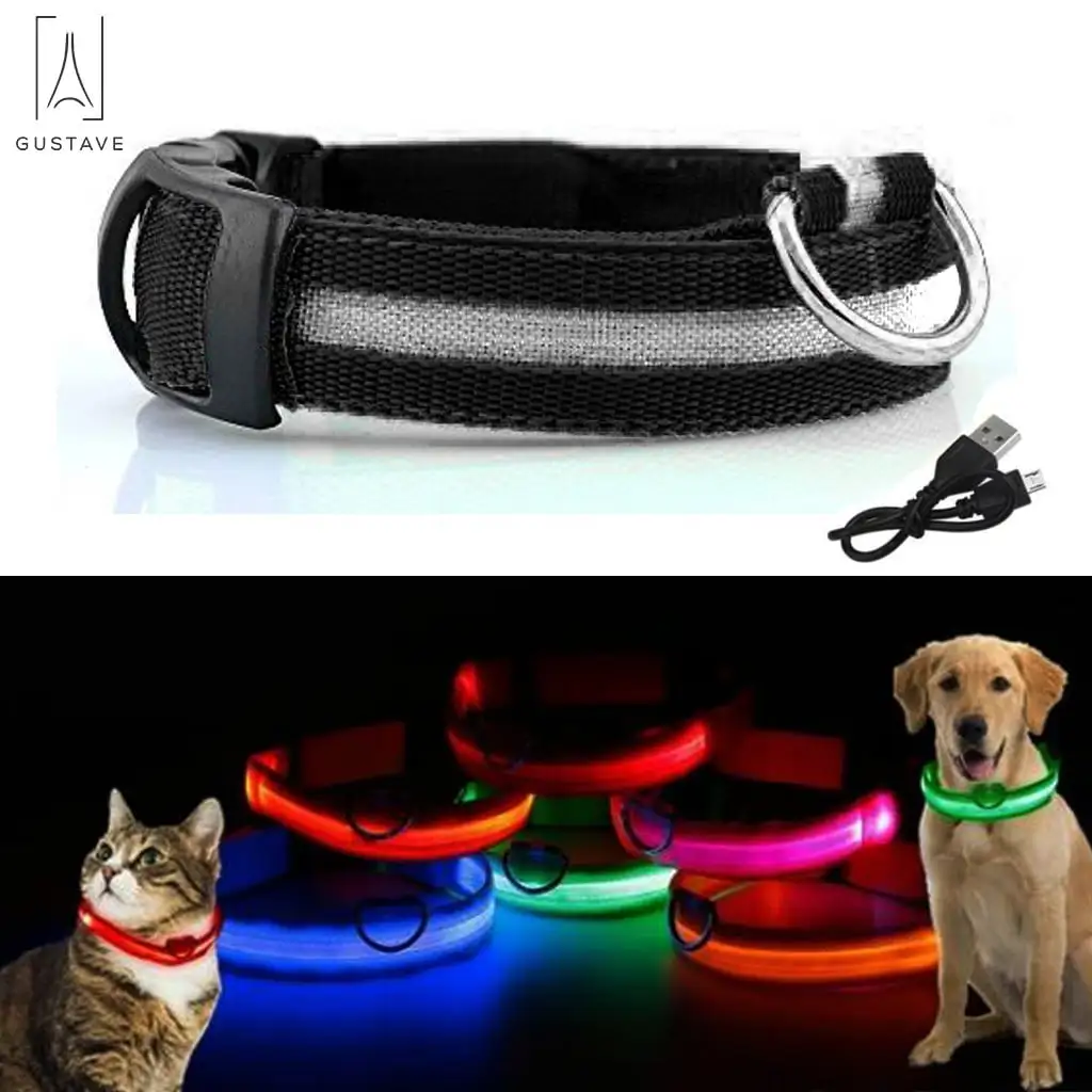 Gustave LED Dog Cat Collar Nylon Glow Flashing Light Up Night Safety USB Rechargeable with 3 Glowing Modes & 3 Reflective Strings Collars Pet Supplies Blue.S