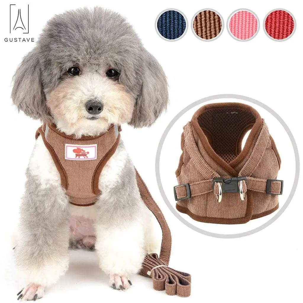 Gustave Pet Dog Vest Harness and Leash Set Adjustable Reflective Safety Vest Soft Corduroy Mesh Padded For Puppy Dogs Cats Outdoor Coffee. Size XS