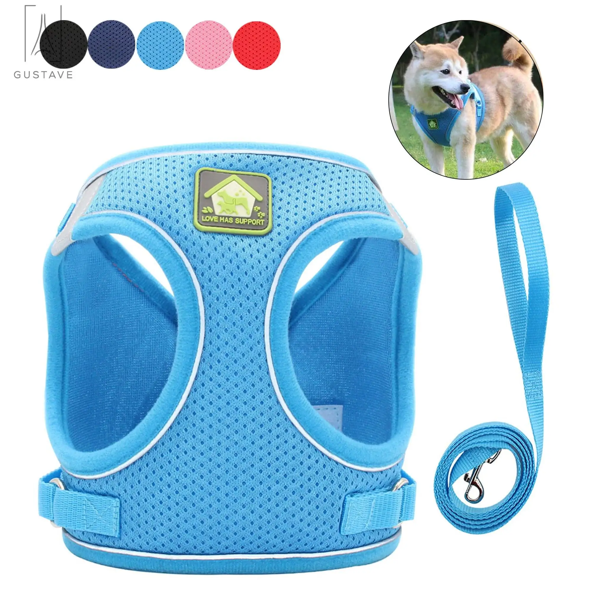 Gustave Soft Mesh Pet Dog Harness and Leash Set. No-Pull Pet Harness Adjustable Reflective Breathable Mesh for Small Medium Dogs and Cats (Blue. Size XS)