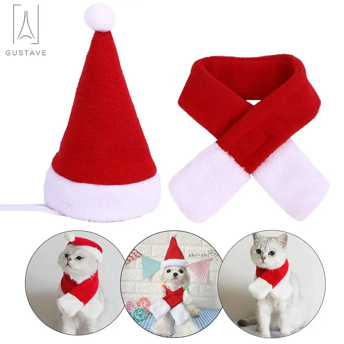 GustaveDesign Set of 2 Dog Cat Red Santa Claus Hat and Scarf. Christmas Pet Costume Set Cosplay Dressing up Xmas Party for Puppy Dog Kitten S Size