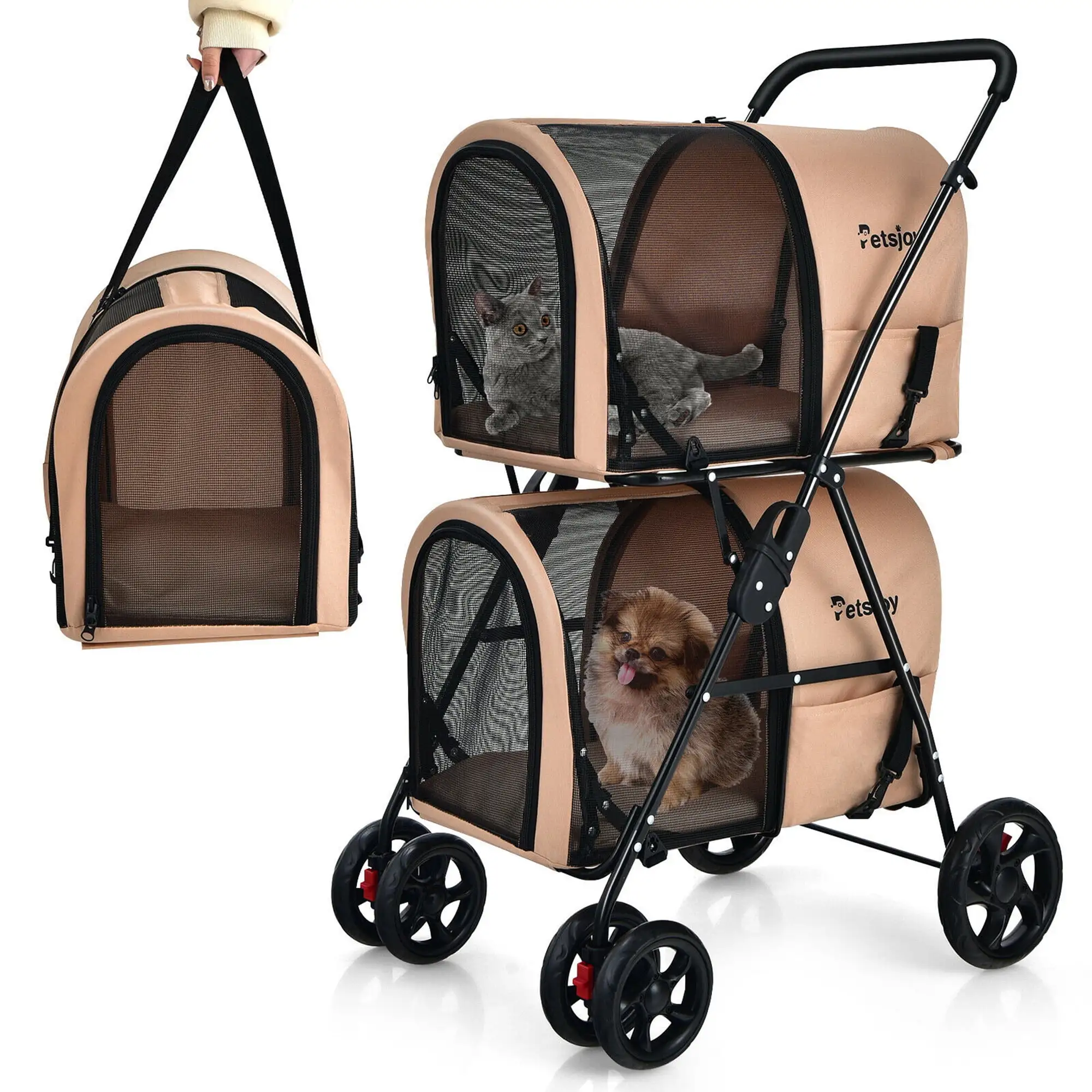 Gymax 4-in-1 Double Pet Stroller w/ Detachable Carrier Travel Carriage for Cats Beige