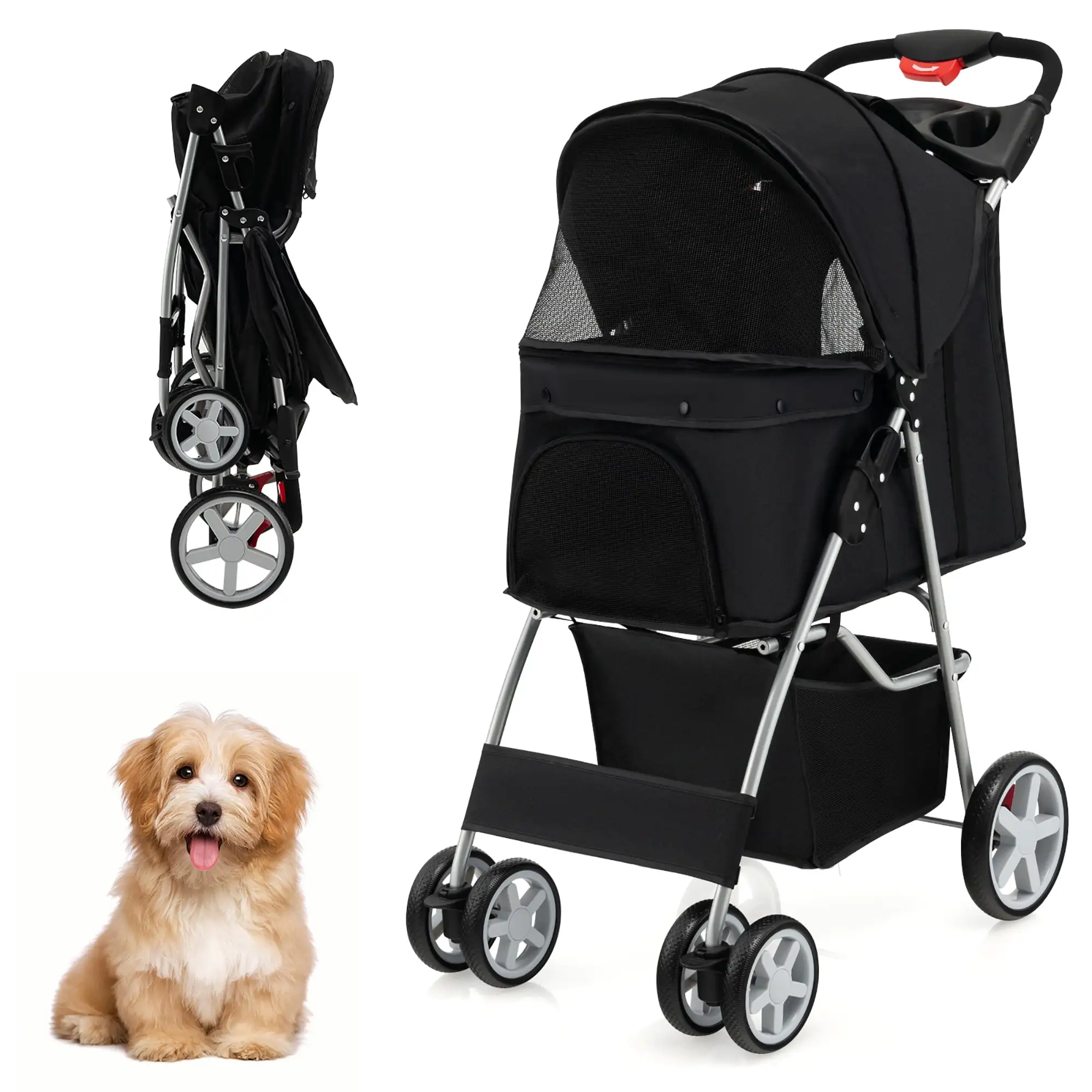 Gymax Folding Pet Stroller 4-Wheel Pet Travel Carrier w/Storage Basket Black