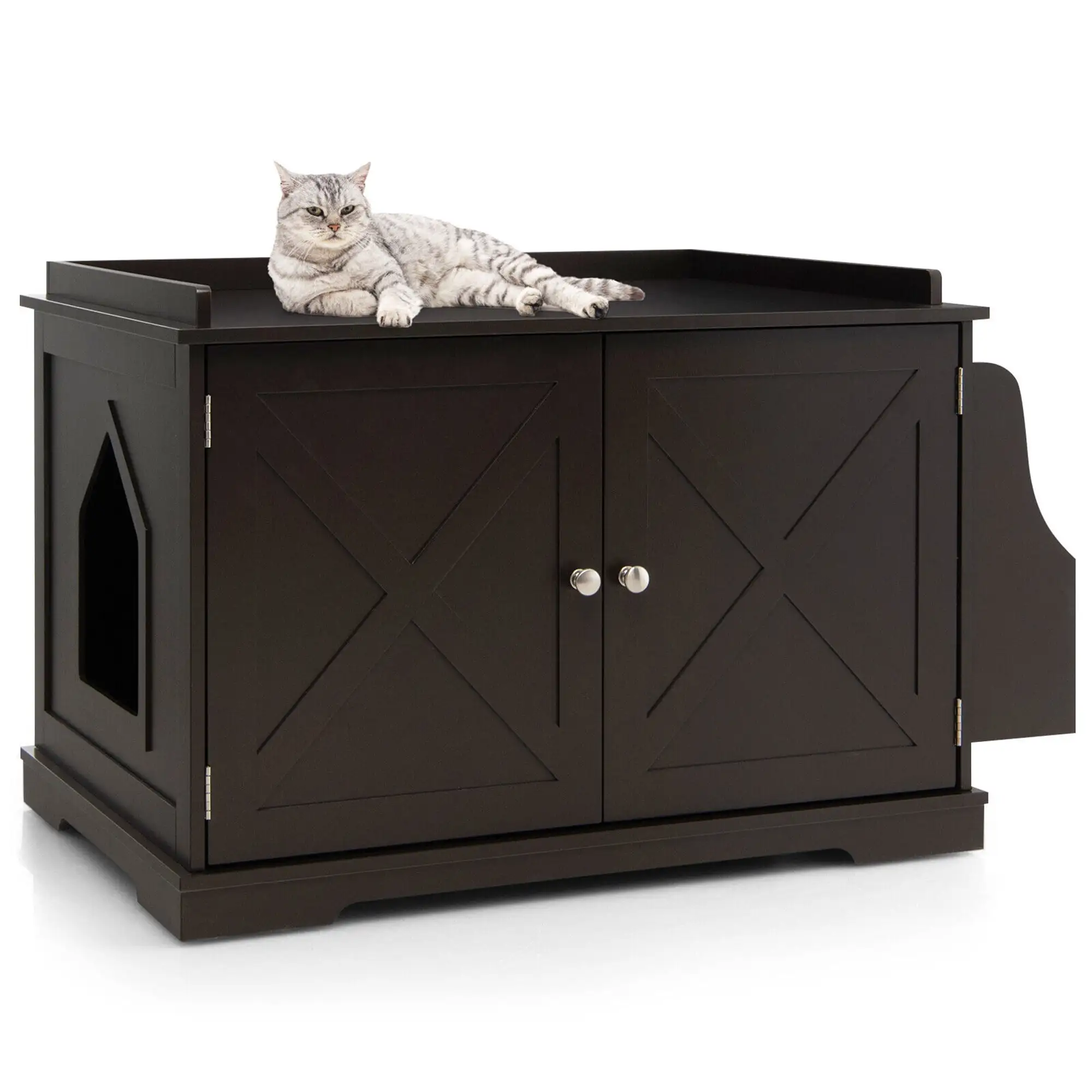 Gymax Large Side Table Furniture Wooden Cat Litter Box Enclosure Magazine Rack Coffee