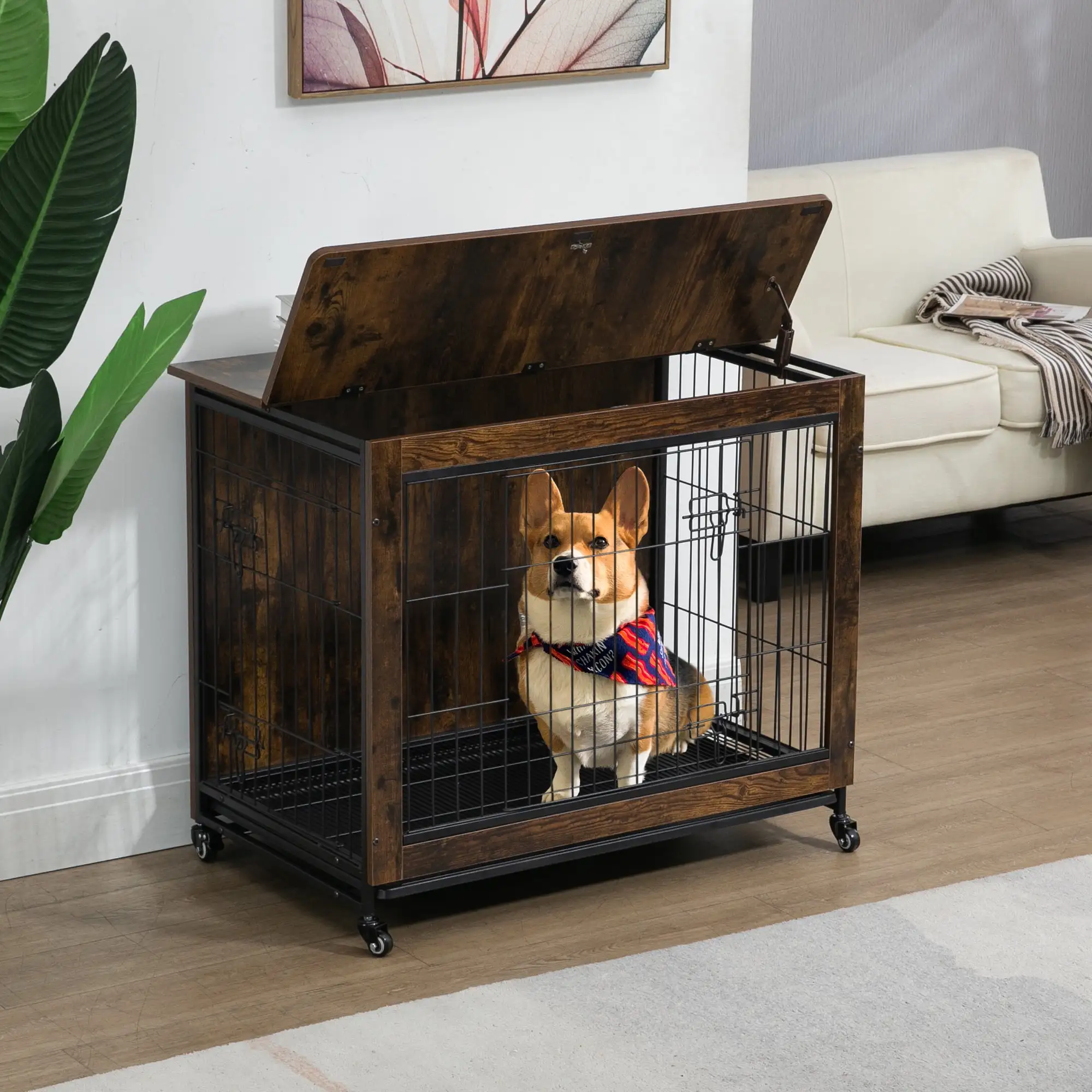 Gzxs 23in Moveable Dog Crate Furniture. Side End Table. Modern Kennel for Dogs. Heavy-Duty Dog Cage with Multi-Purpose Removable Tray and 4 Wheels. Double-Door Dog House. Rustic Brown