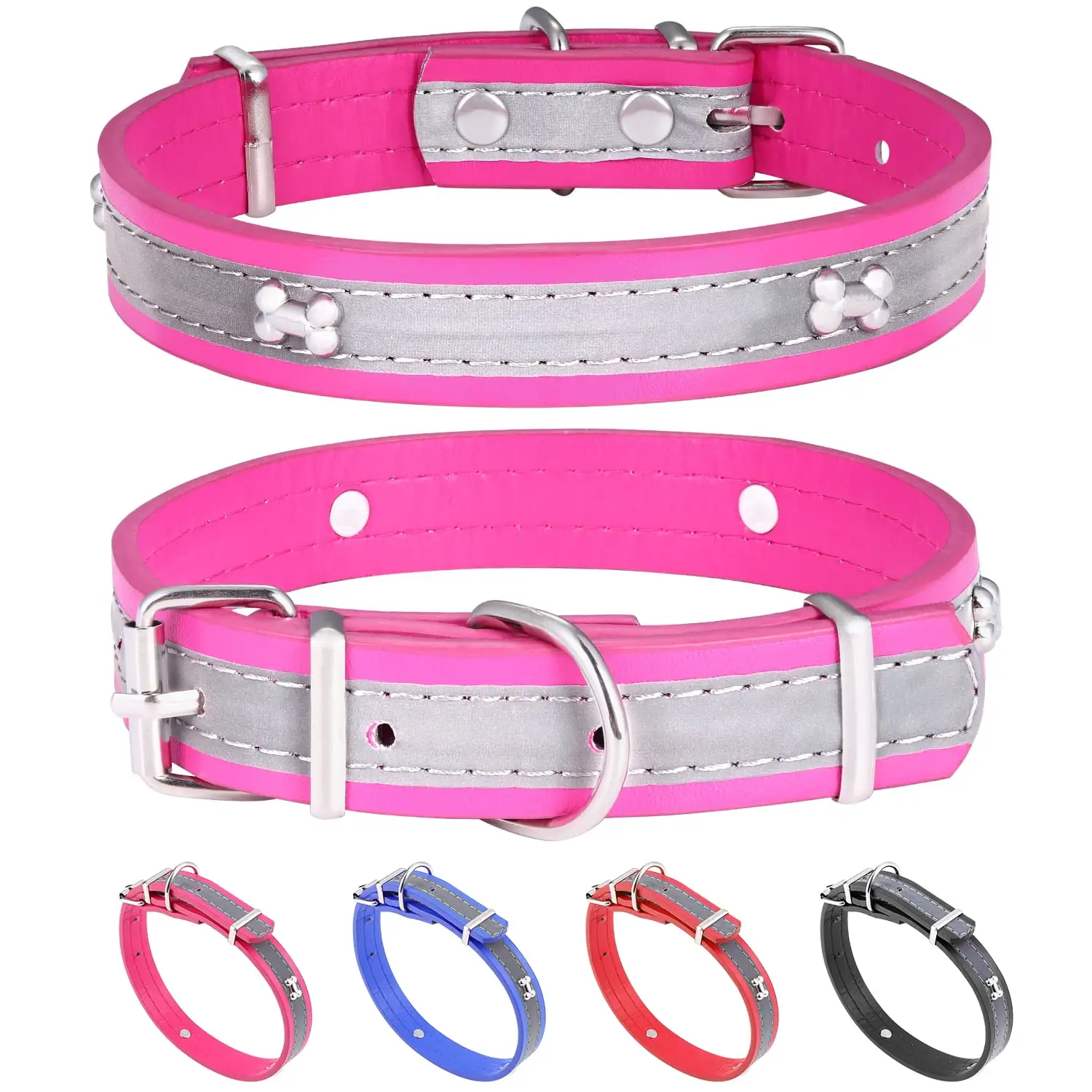 HAIYUE Reflective PU Leather Collar for Small Medium Dogs Cats Pink