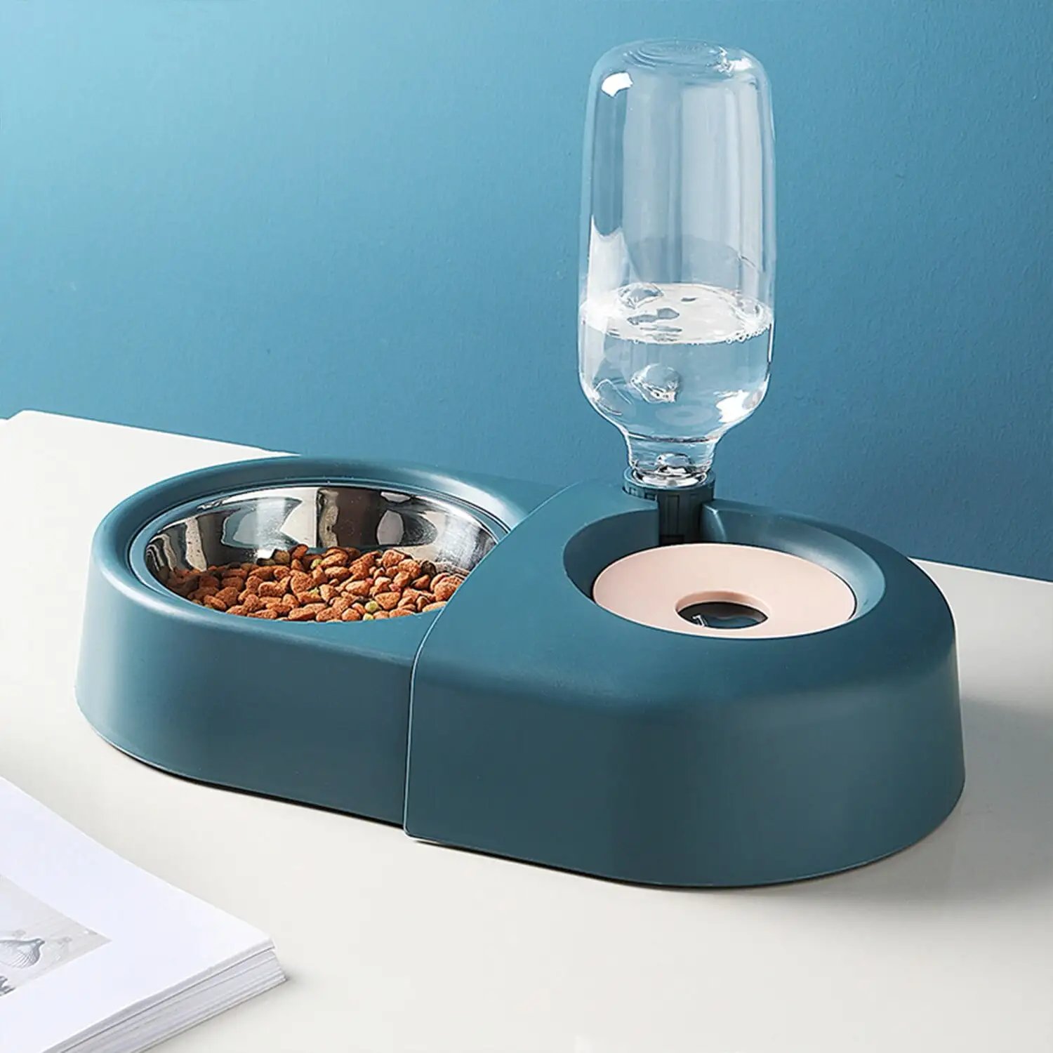 HANAMYA 2-in-1 Pet Feeder Set with Automatic Water Dispenser and Stainless Steel Bowl. for Puppy and Cat Blue