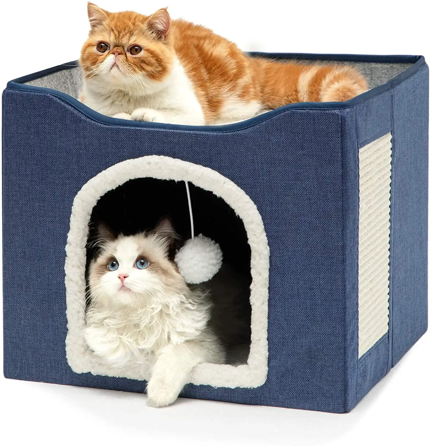 HDJ Cat Bed with Scratch Pad. Cat House with Fluffy Ball Hanging for Cat. Dog.Pets .16.5x16.5x14 inches. Blue