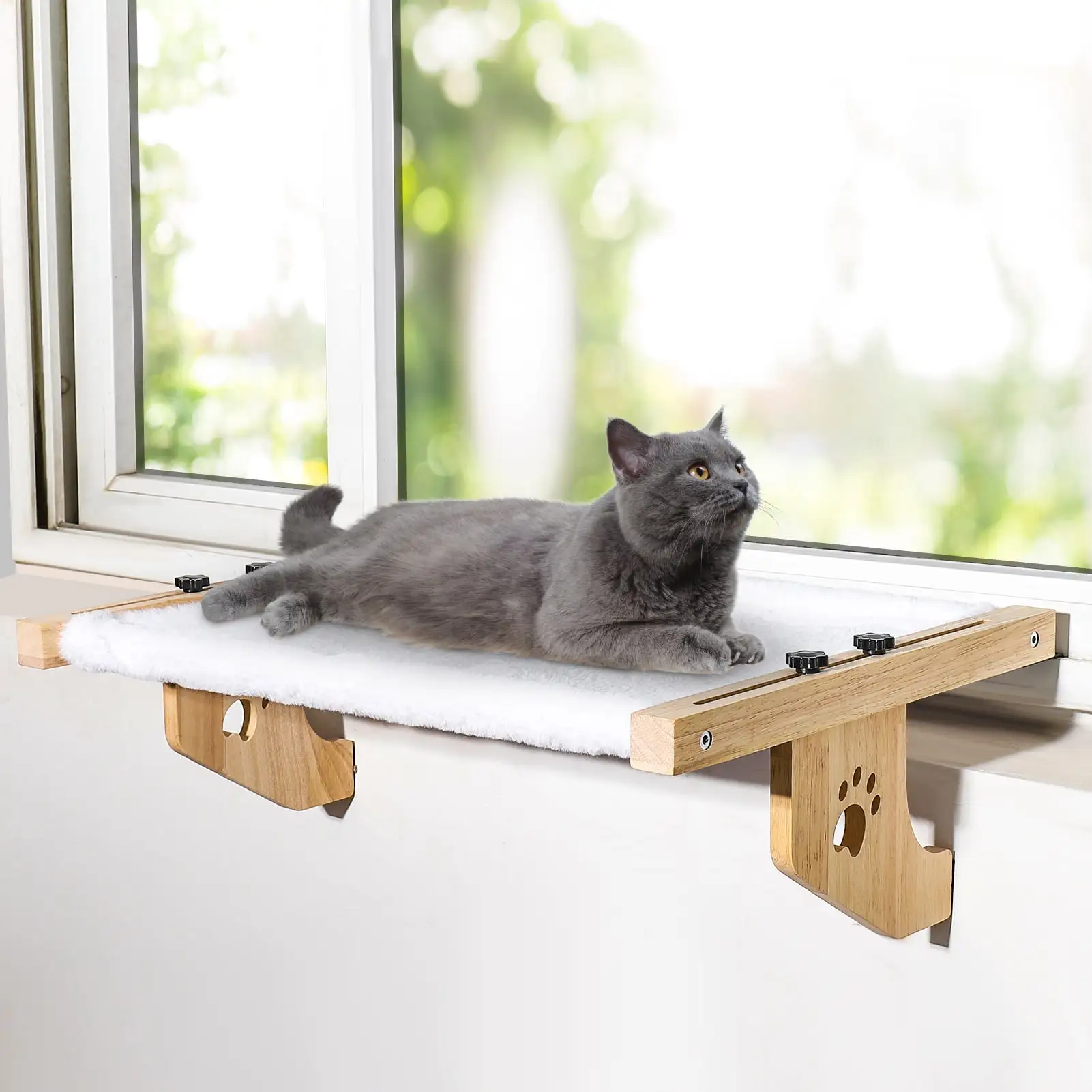 HEQUSIGNS Cat Sill Window Perch. Cat Window Perch with Wood Frame for Large Cats. Adjustable Cat Window Bed for Windowsill. Bedside. Drawer and Cabinet(White)