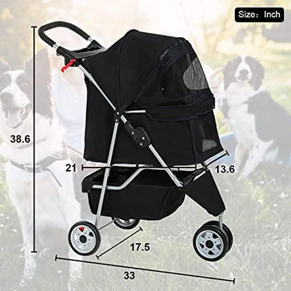 HGS Dog Stroller Pet Stroller 3 Wheels Travel Folding Carrier Strolling Cart for Medium Small Dogs&Cats. Pet Stroller Jogger Cat Dog Cage Pet Stroller. Black