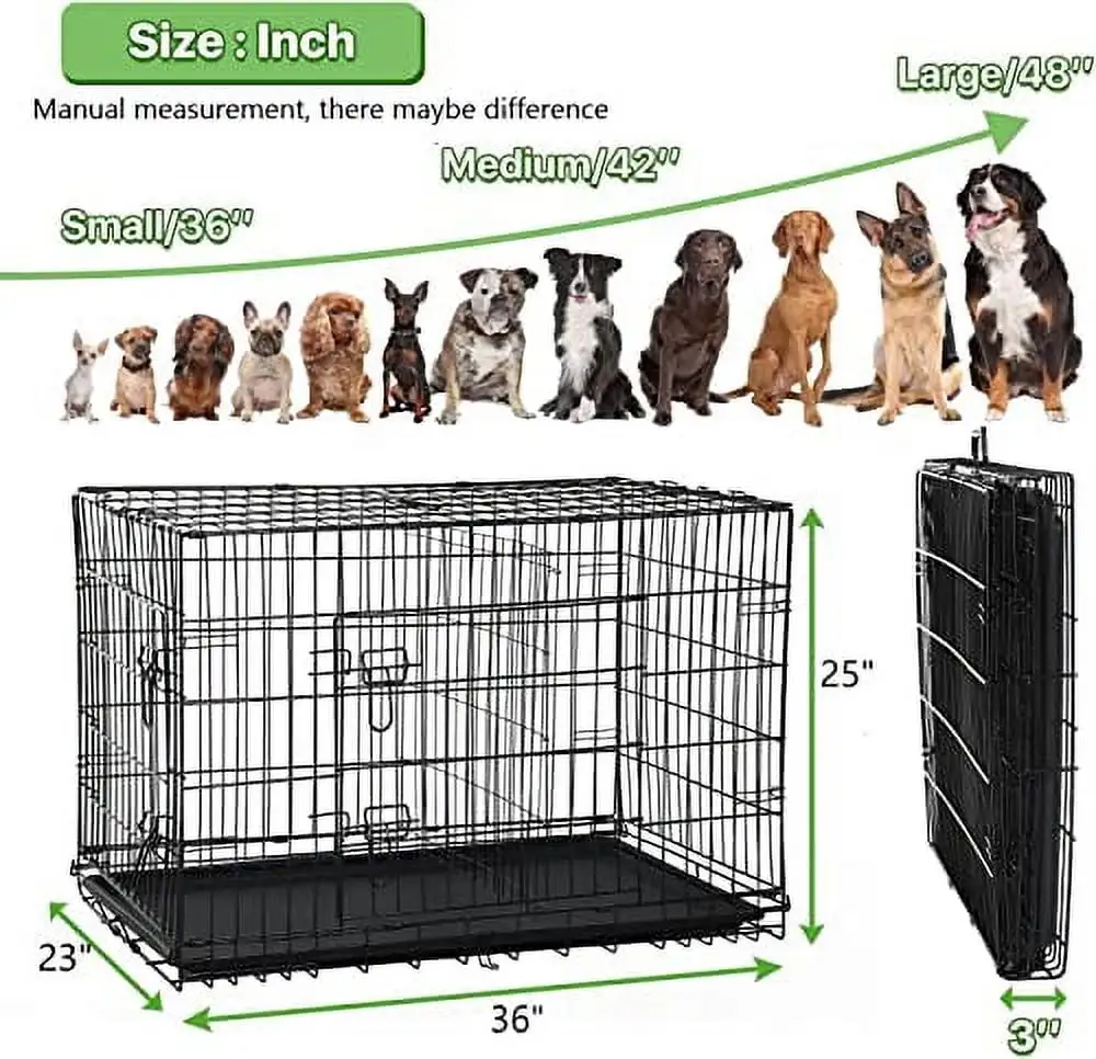 HHS Dog Crate 36 Inch Large Dog Cage Medium Large Dogs Wire Dog Crates Outdoor Indoor Metal Dog Kennel for Travel Pet Cages with Plastic Tray and Handle for Dogs . Black Large Dog Crate